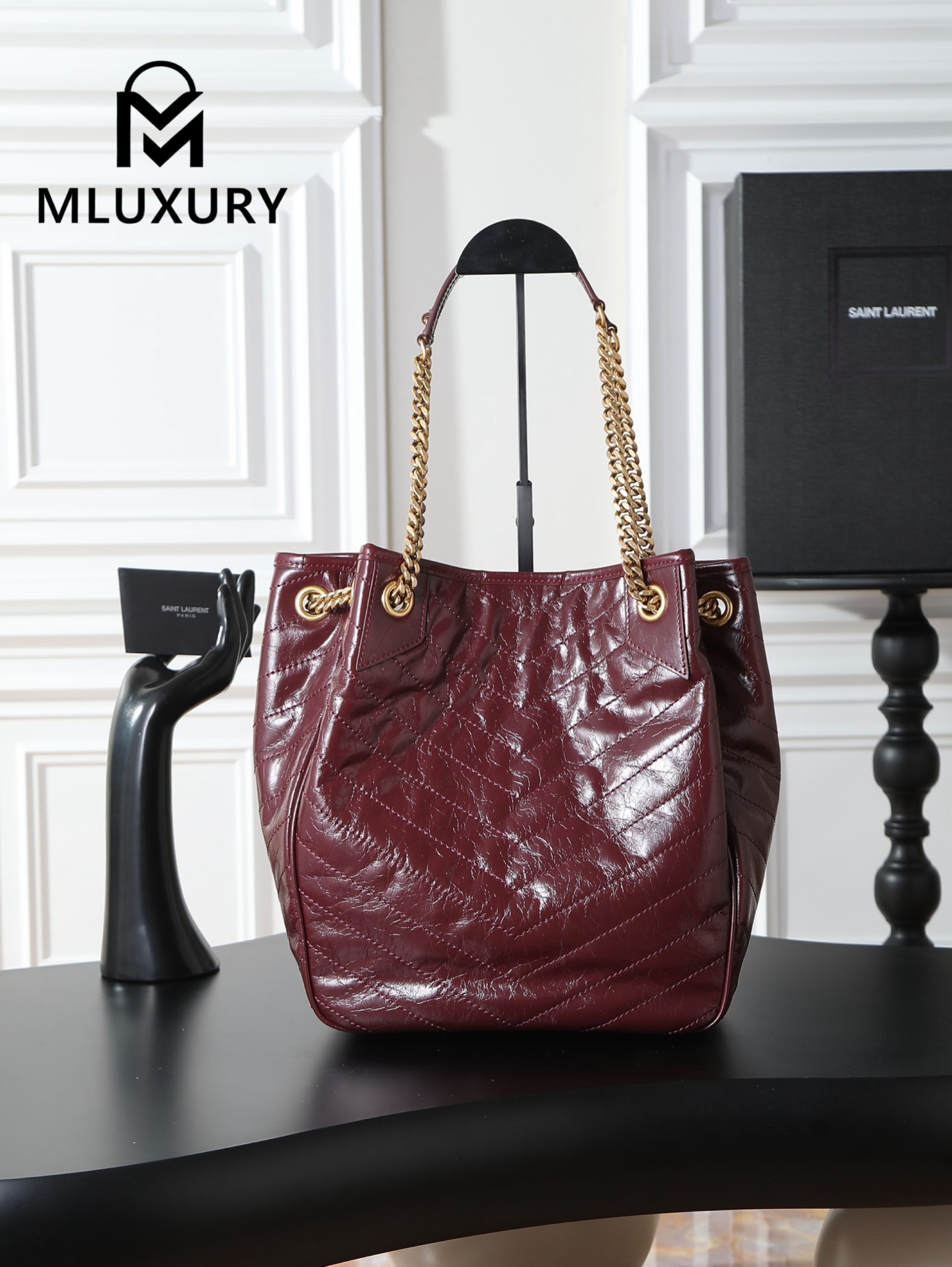 YSL NIKI Oil-waxed Burgundy Leather with Gold