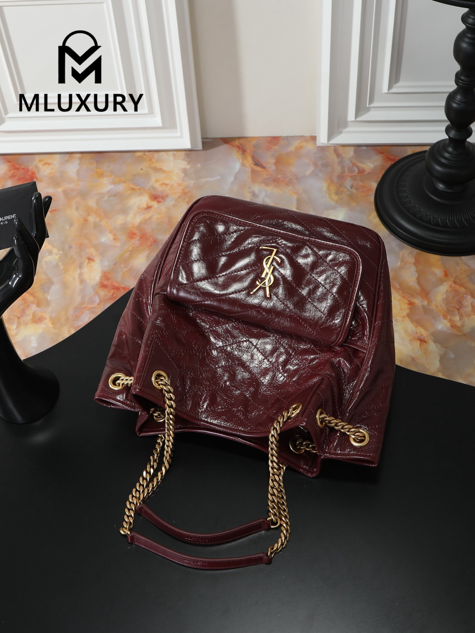 YSL NIKI Oil-waxed Burgundy Leather with Gold