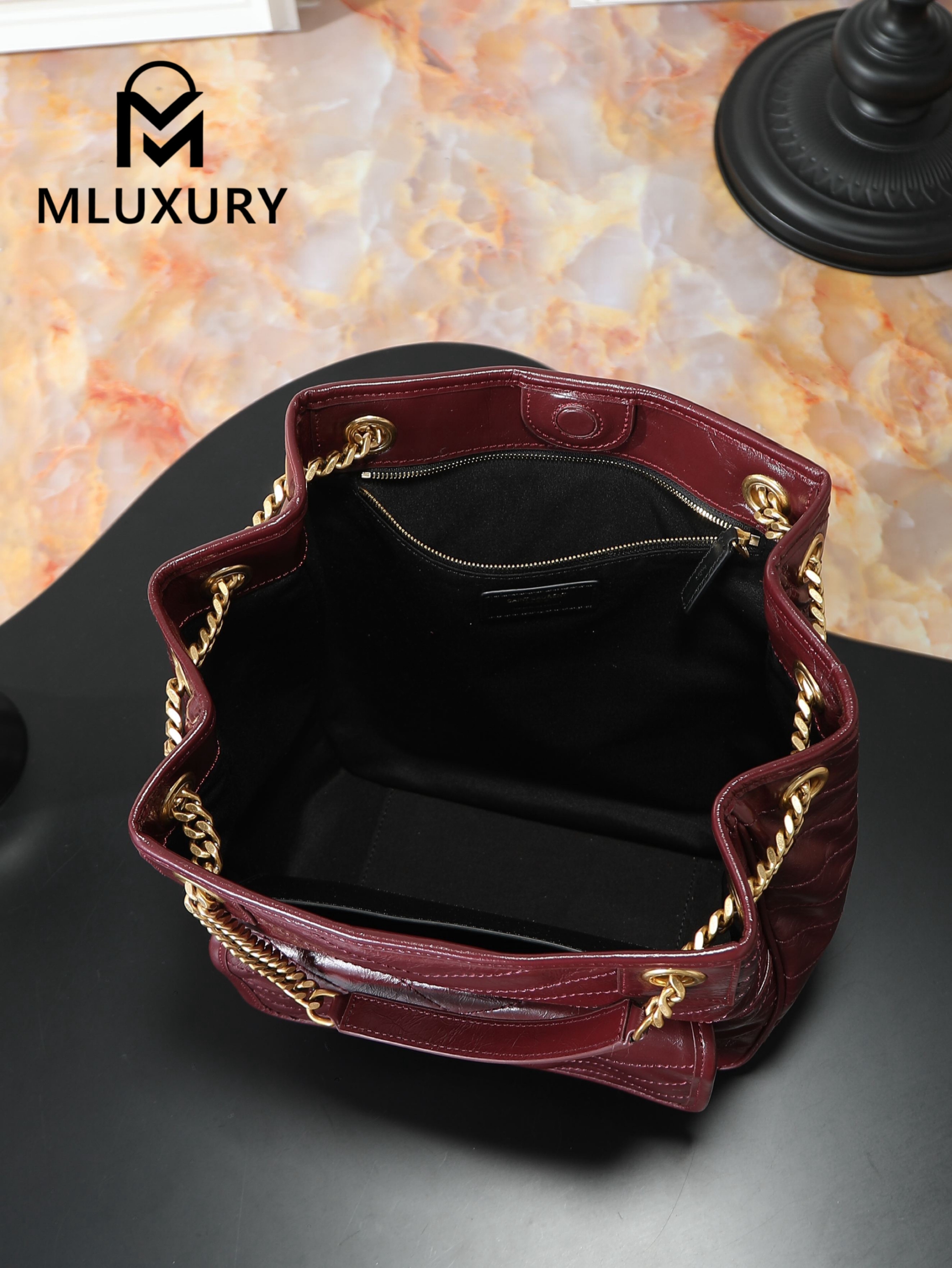 YSL NIKI Oil-waxed Burgundy Leather with Gold