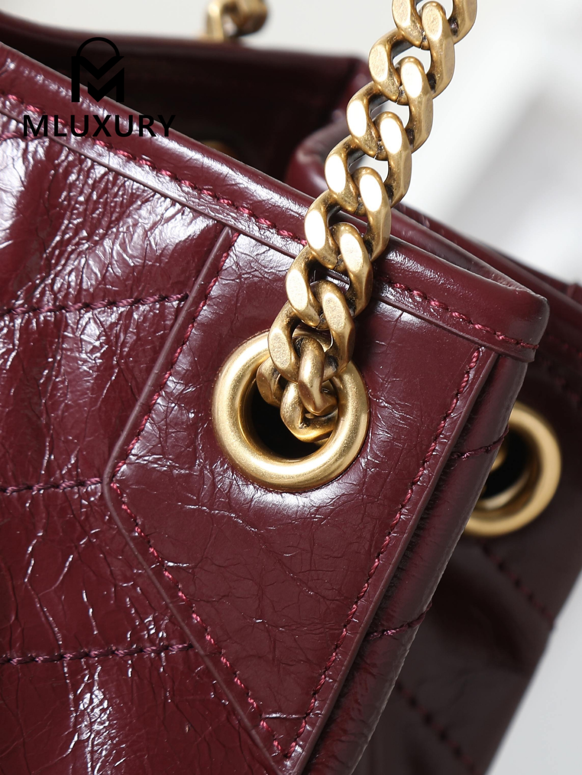 YSL NIKI Oil-waxed Burgundy Leather with Gold