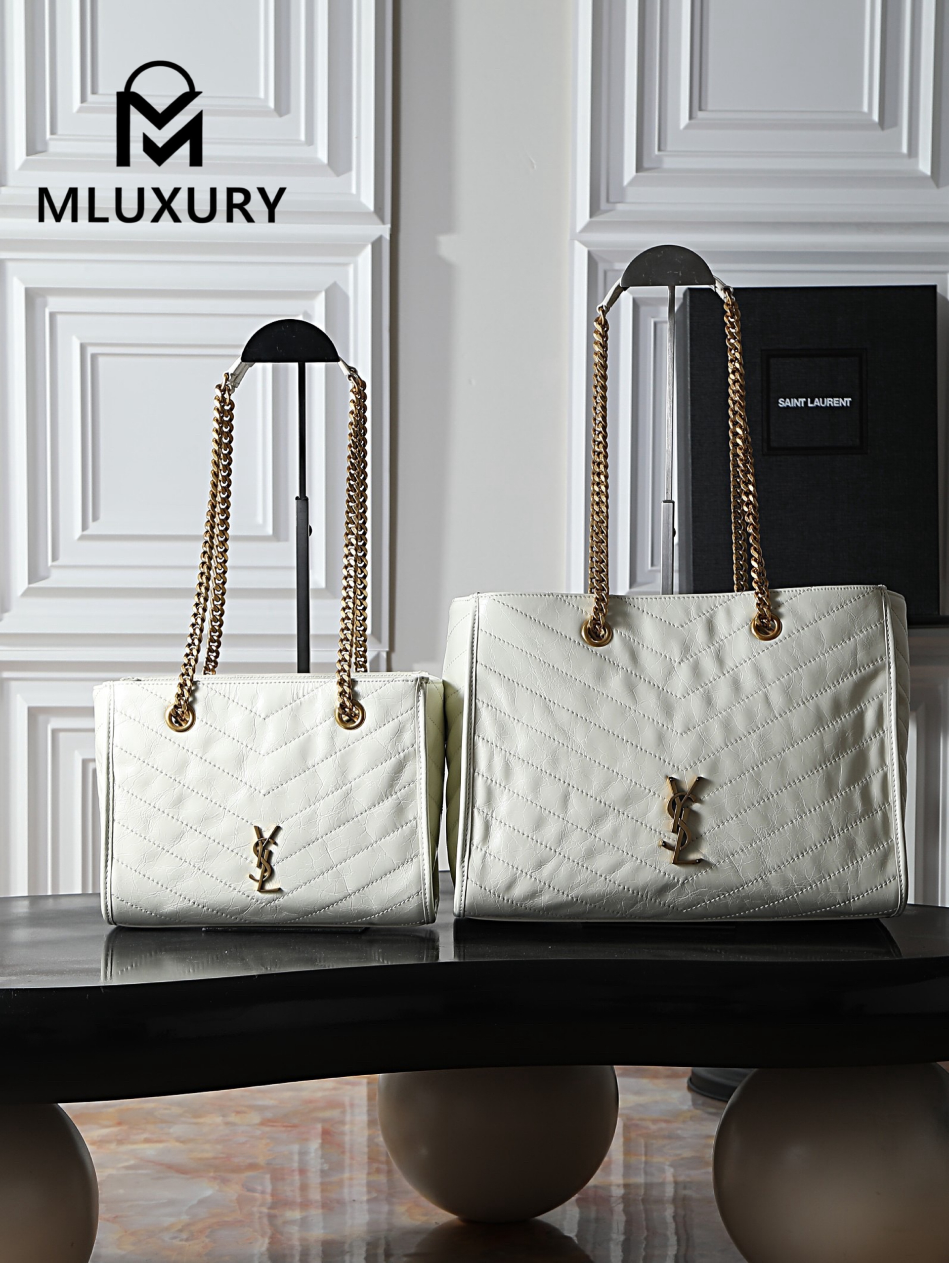 YSL Niki Small Shopping Bag, Large Size, White