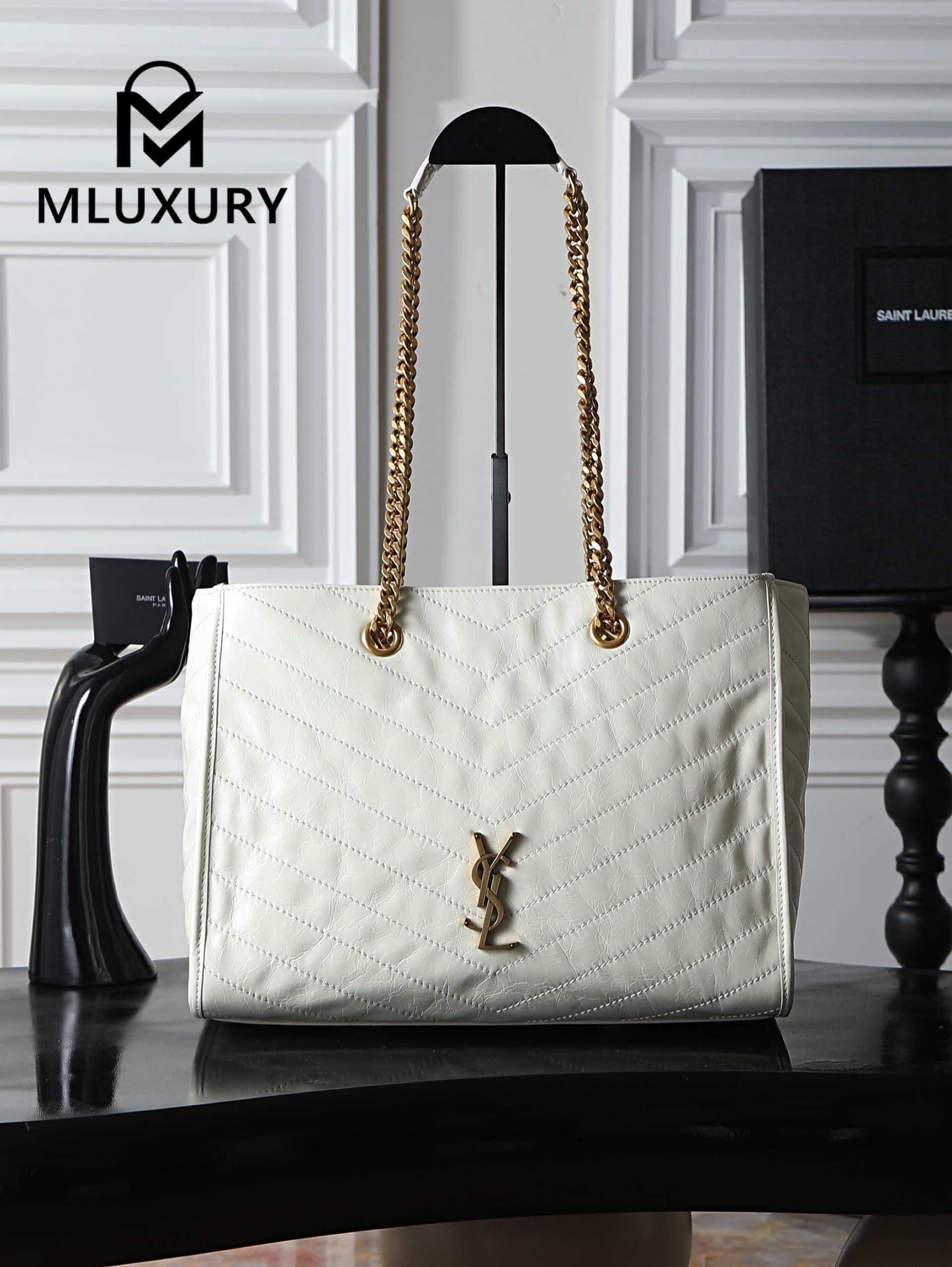YSL Niki Small Shopping Bag, Large Size, White