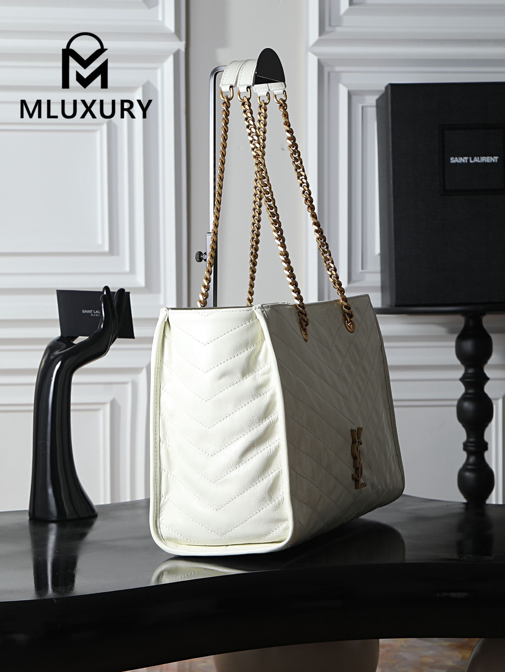 YSL Niki Small Shopping Bag, Large Size, White