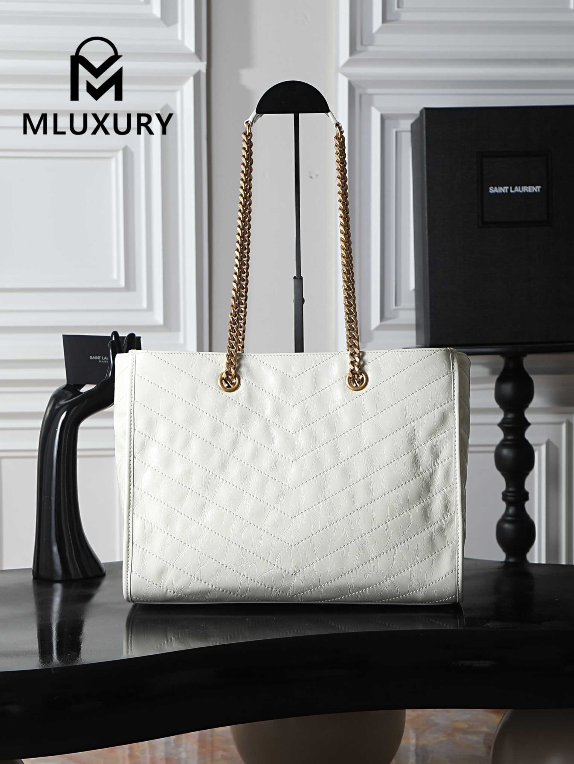 YSL Niki Small Shopping Bag, Large Size, White
