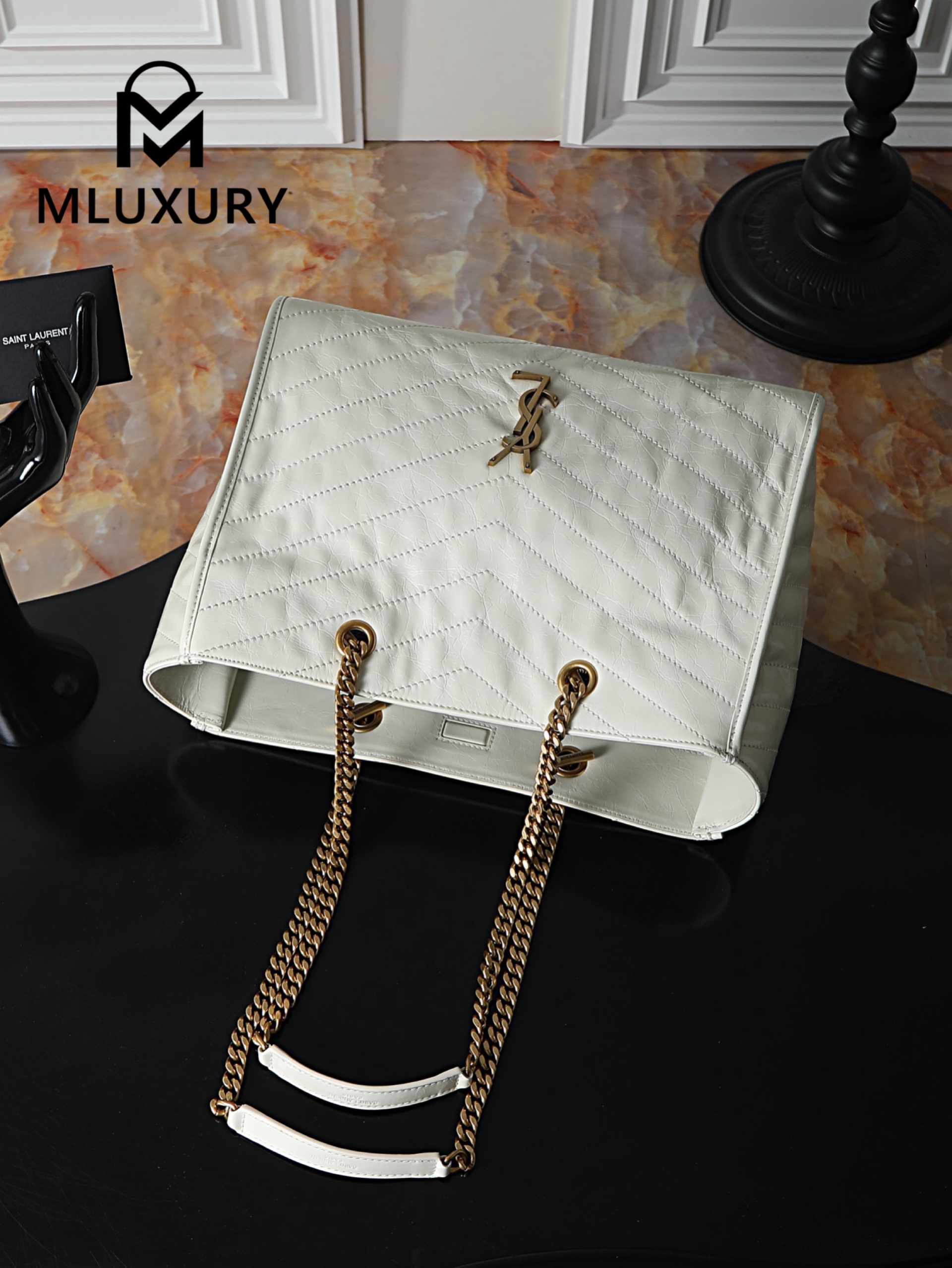 YSL Niki Small Shopping Bag, Large Size, White
