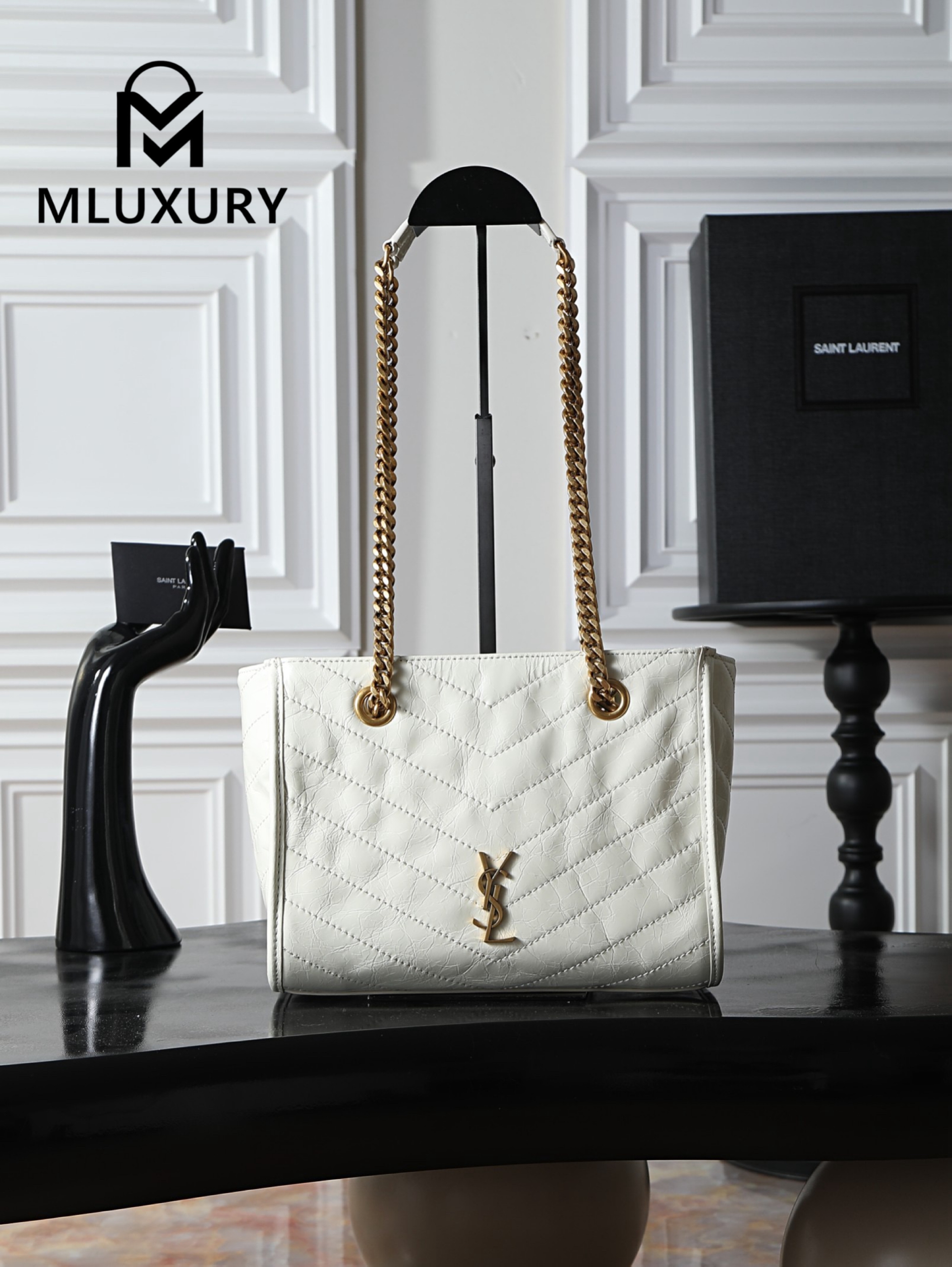 YSL Niki Small Shopping Bag, Small Size, White