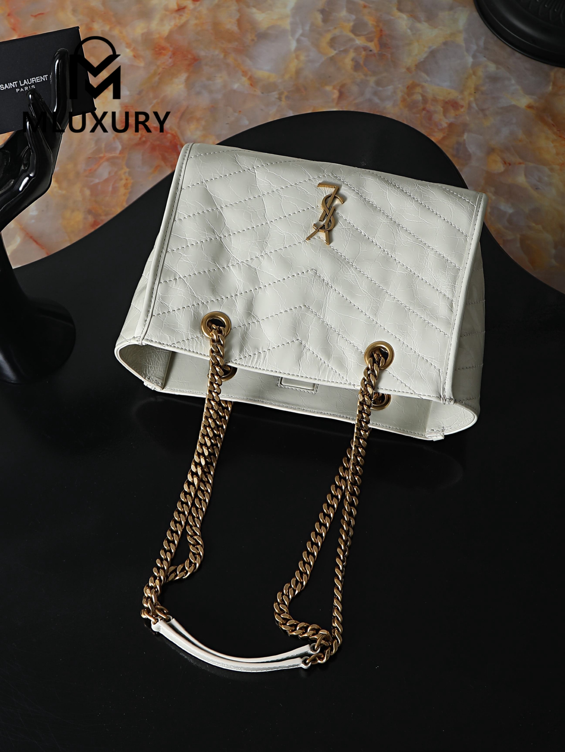 YSL Niki Small Shopping Bag, Small Size, White