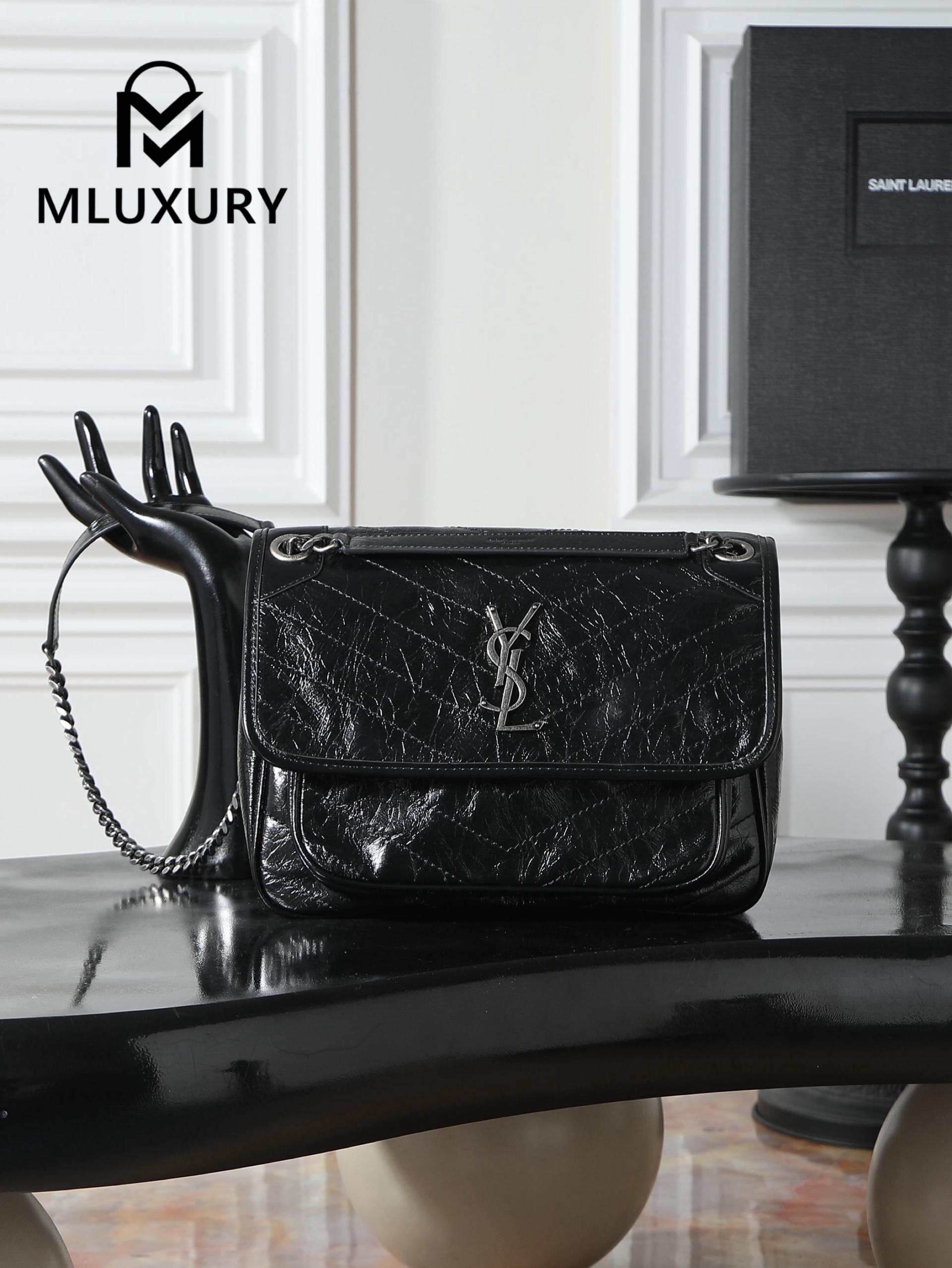 YSL Niki, Black with Silver Buckle, Waxed Leather, 28cm