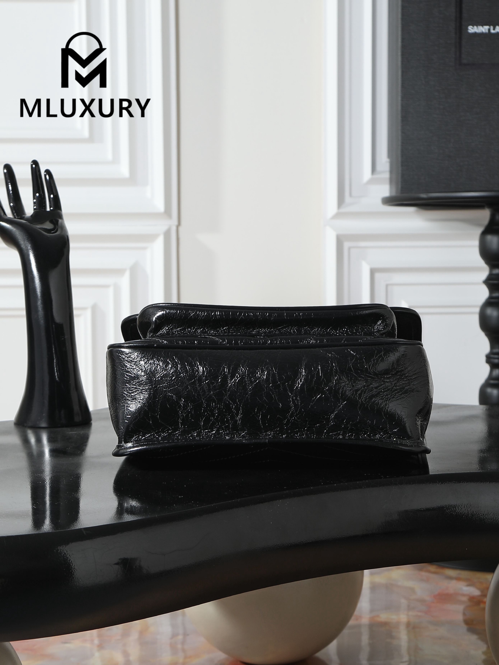 YSL Niki, Black with Silver Buckle, Waxed Leather, 28cm