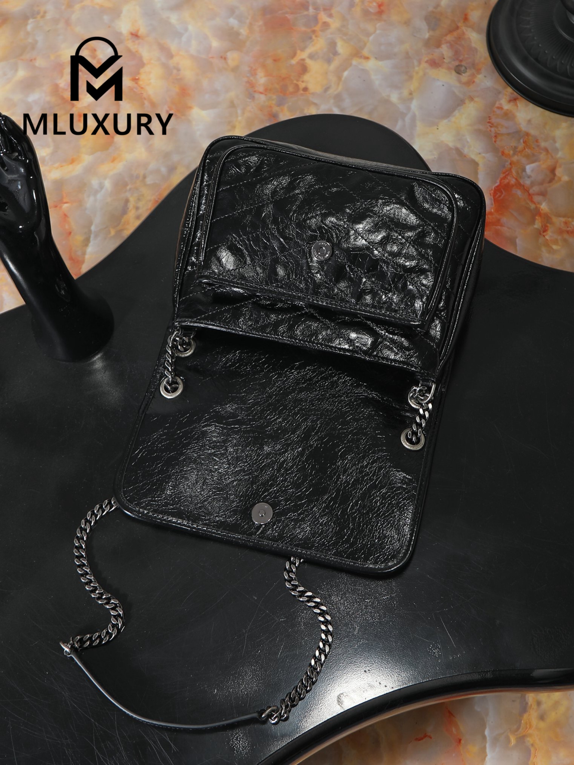 YSL Niki, Black with Silver Buckle, Waxed Leather, 28cm