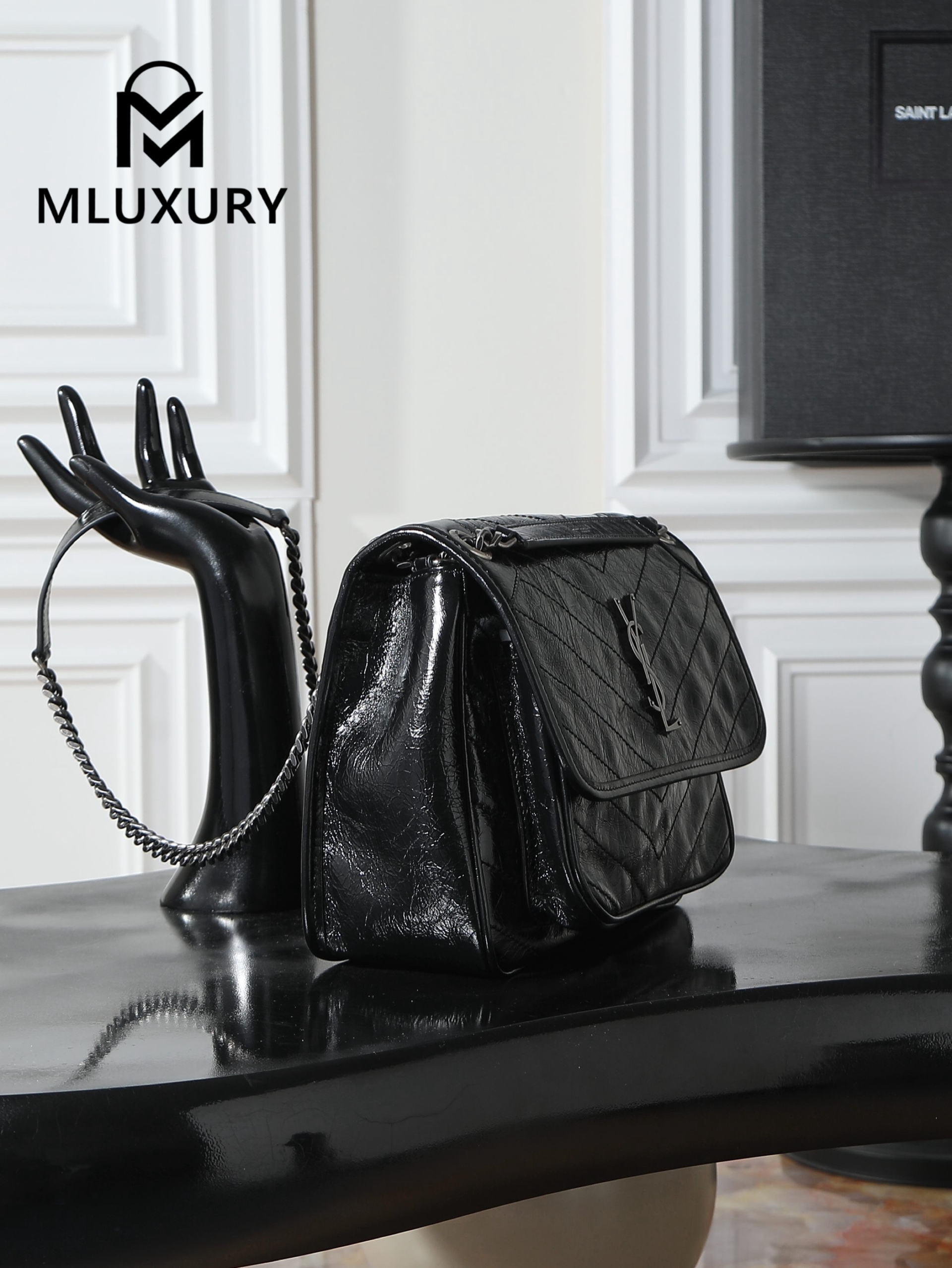 YSL Niki, Black with Silver Buckle, Waxed Leather, 28cm