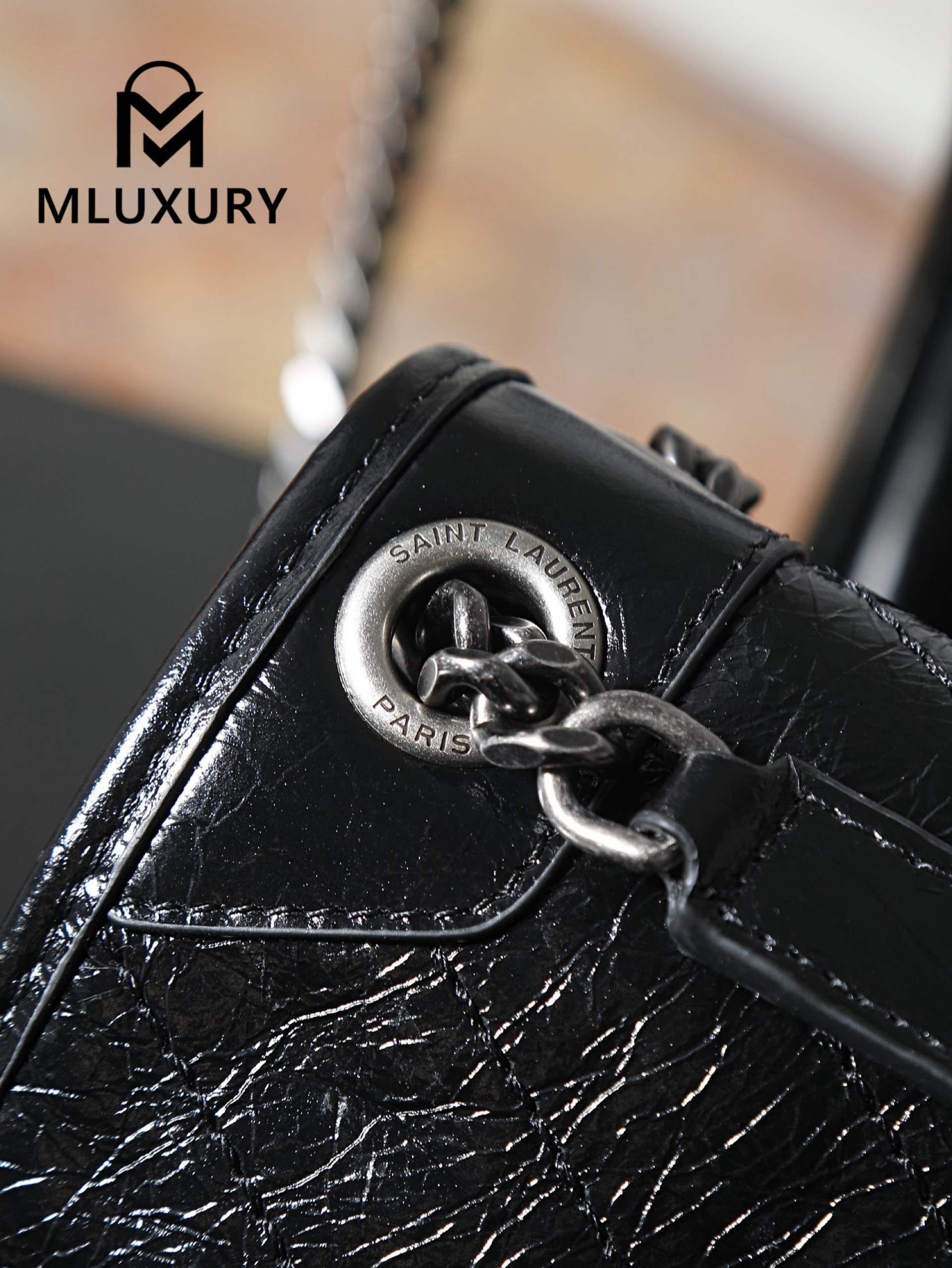 YSL Niki, Black with Silver Buckle, Waxed Leather, 28cm