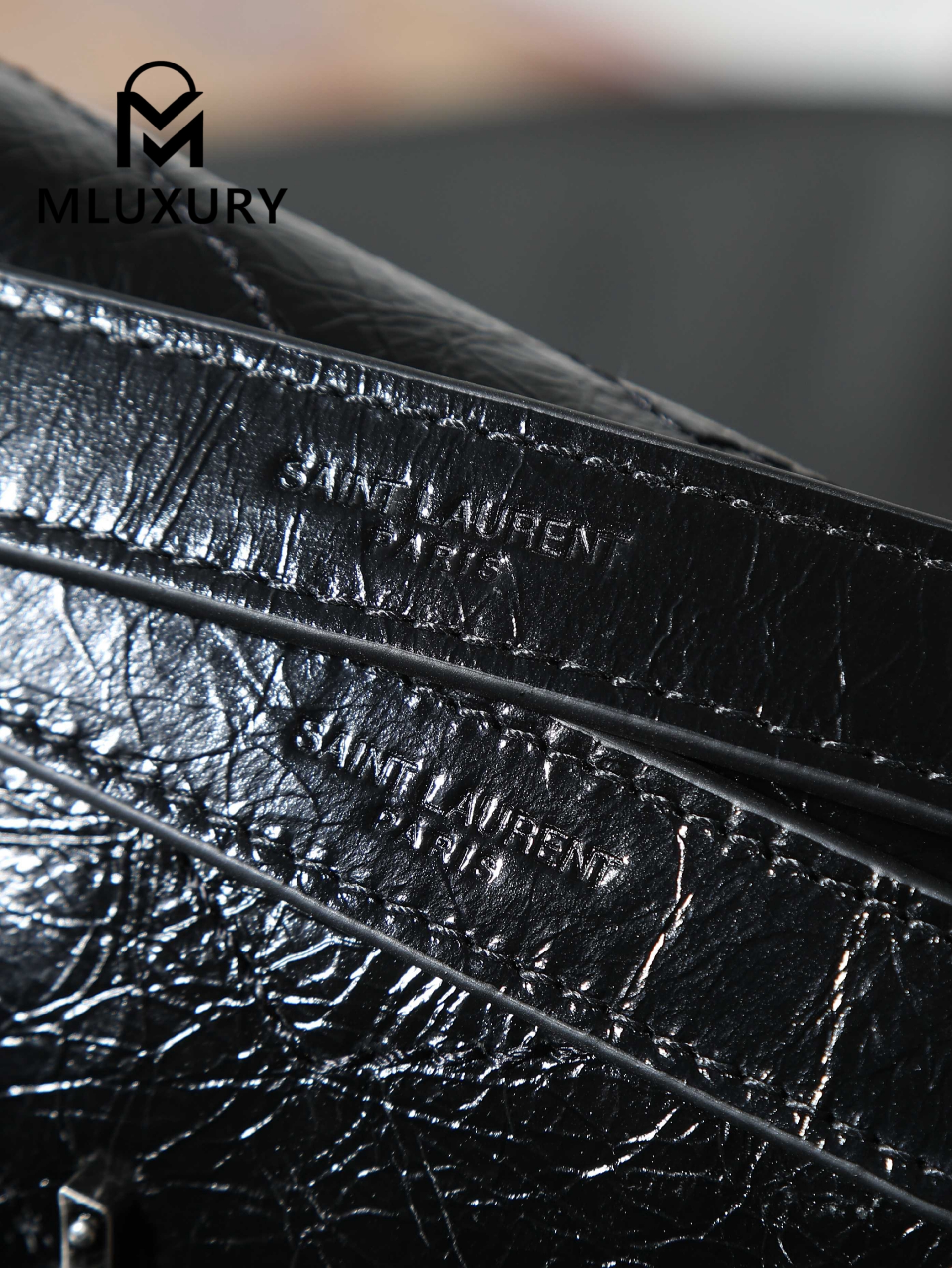 YSL Niki, Black with Silver Buckle, Waxed Leather, 28cm