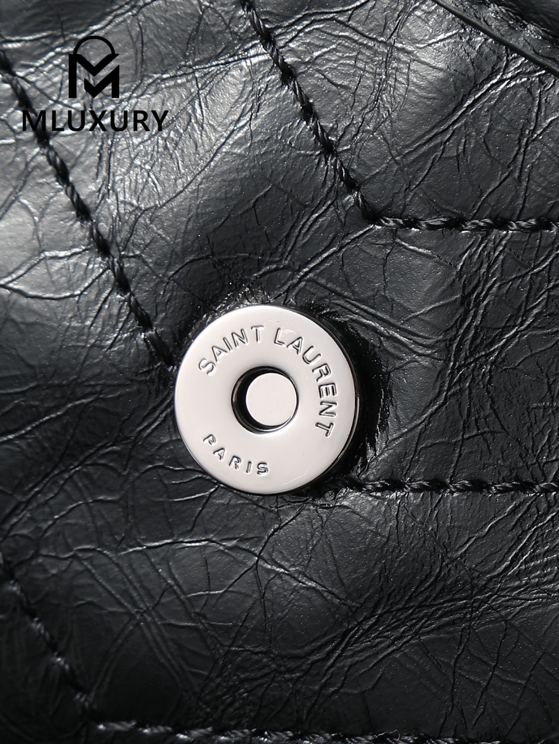 YSL Niki, Black with Silver Buckle, Waxed Leather, 28cm