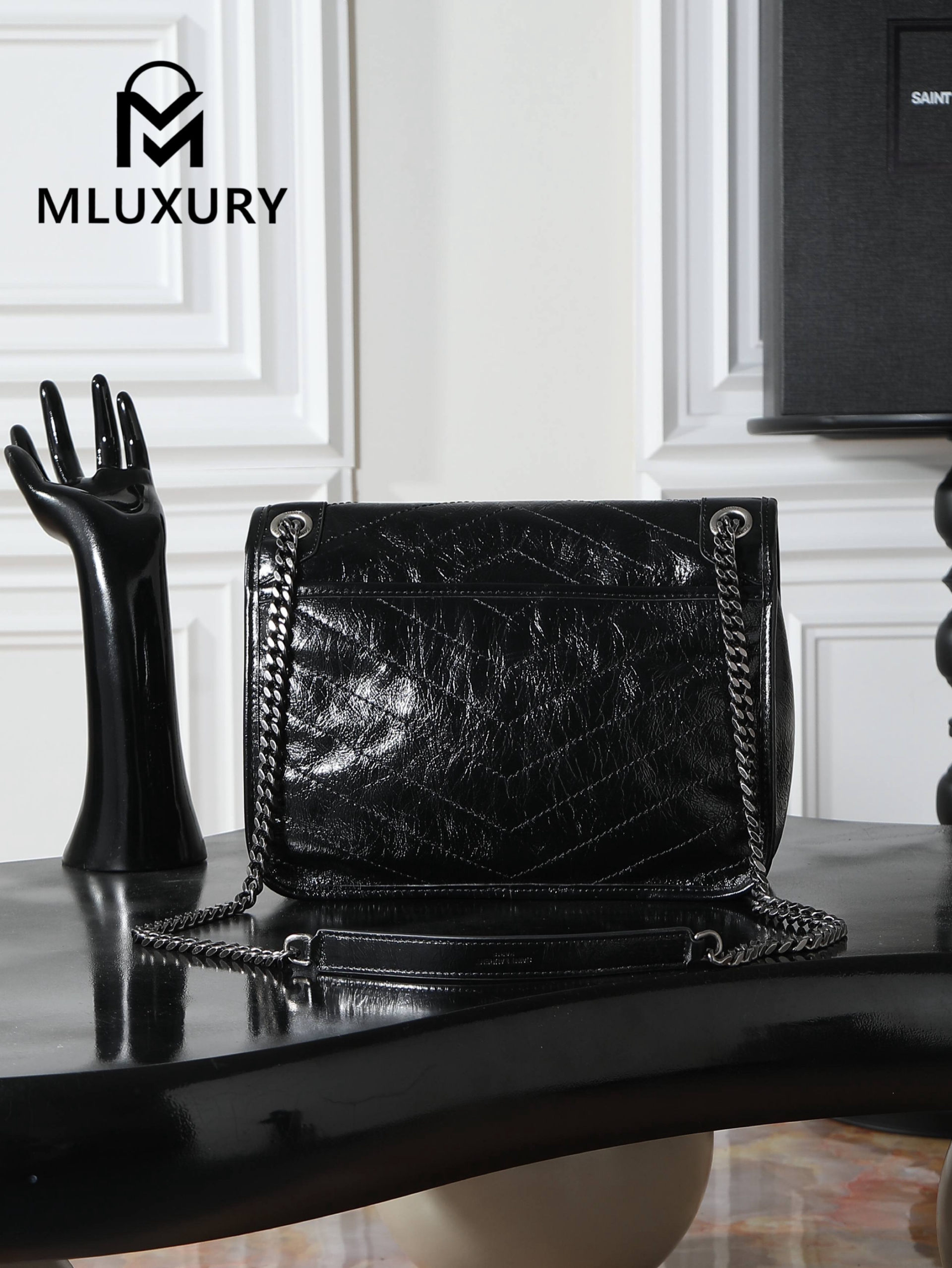 YSL Niki, Black with Silver Buckle, Waxed Leather, 28cm