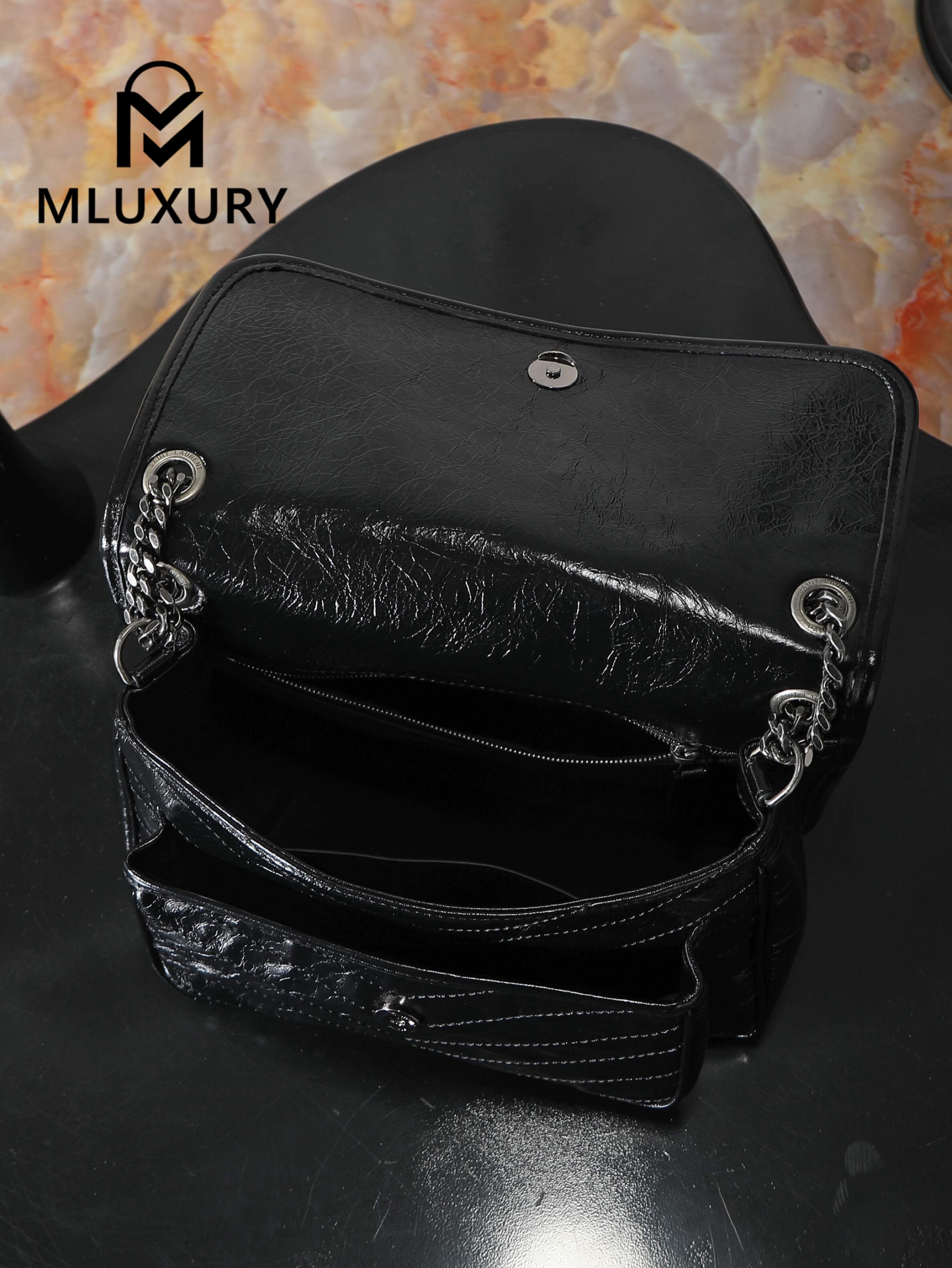 YSL Niki, Black with Silver Buckle, Waxed Leather, 28cm