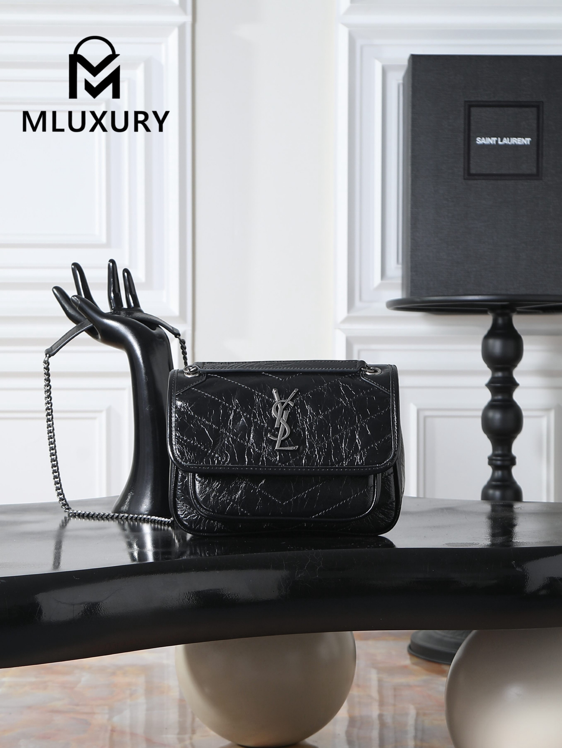 YSL Niki Black with Silver Buckle, Waxed Leather, 22cm