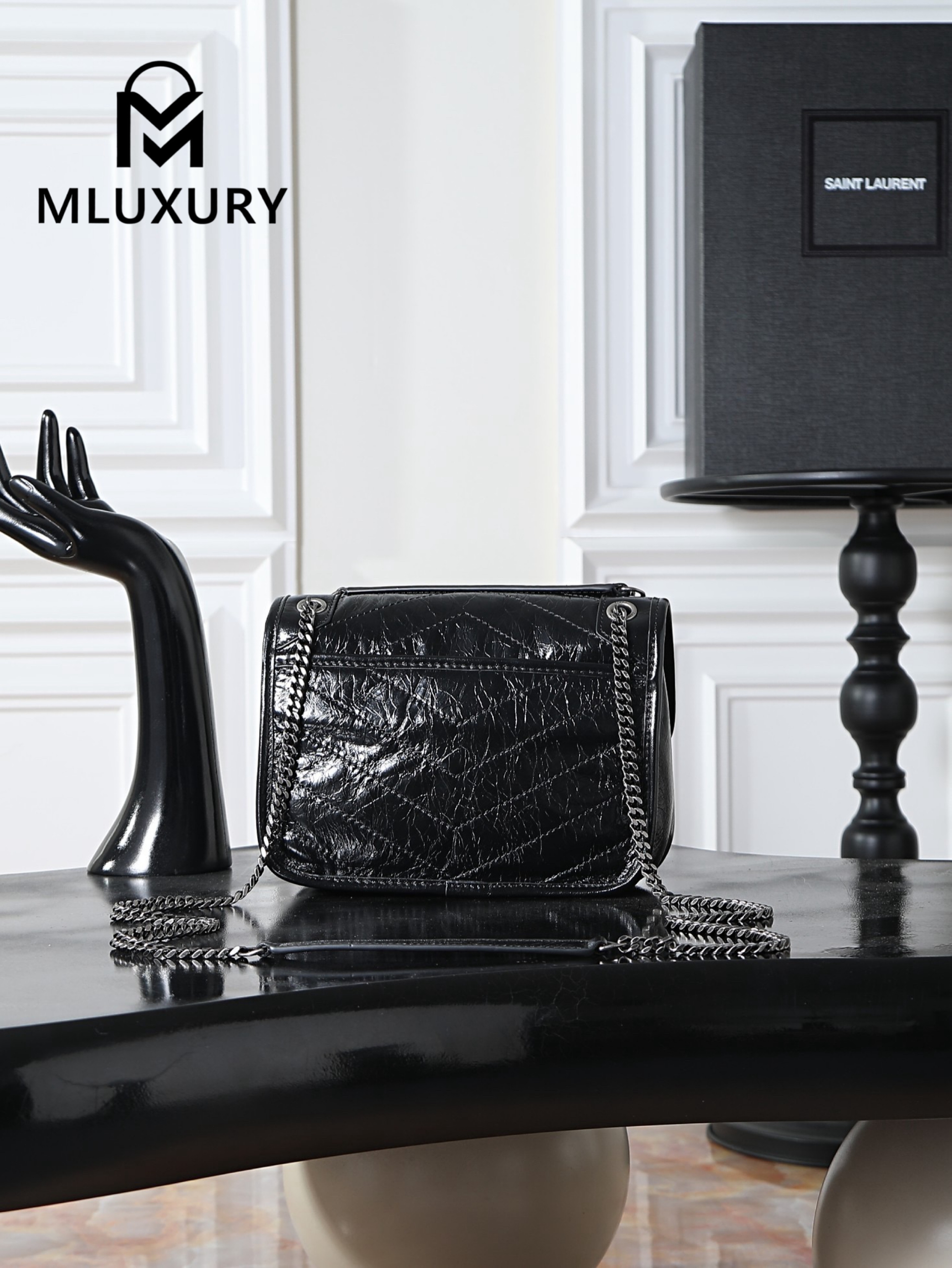 YSL Niki Black with Silver Buckle, Waxed Leather, 22cm