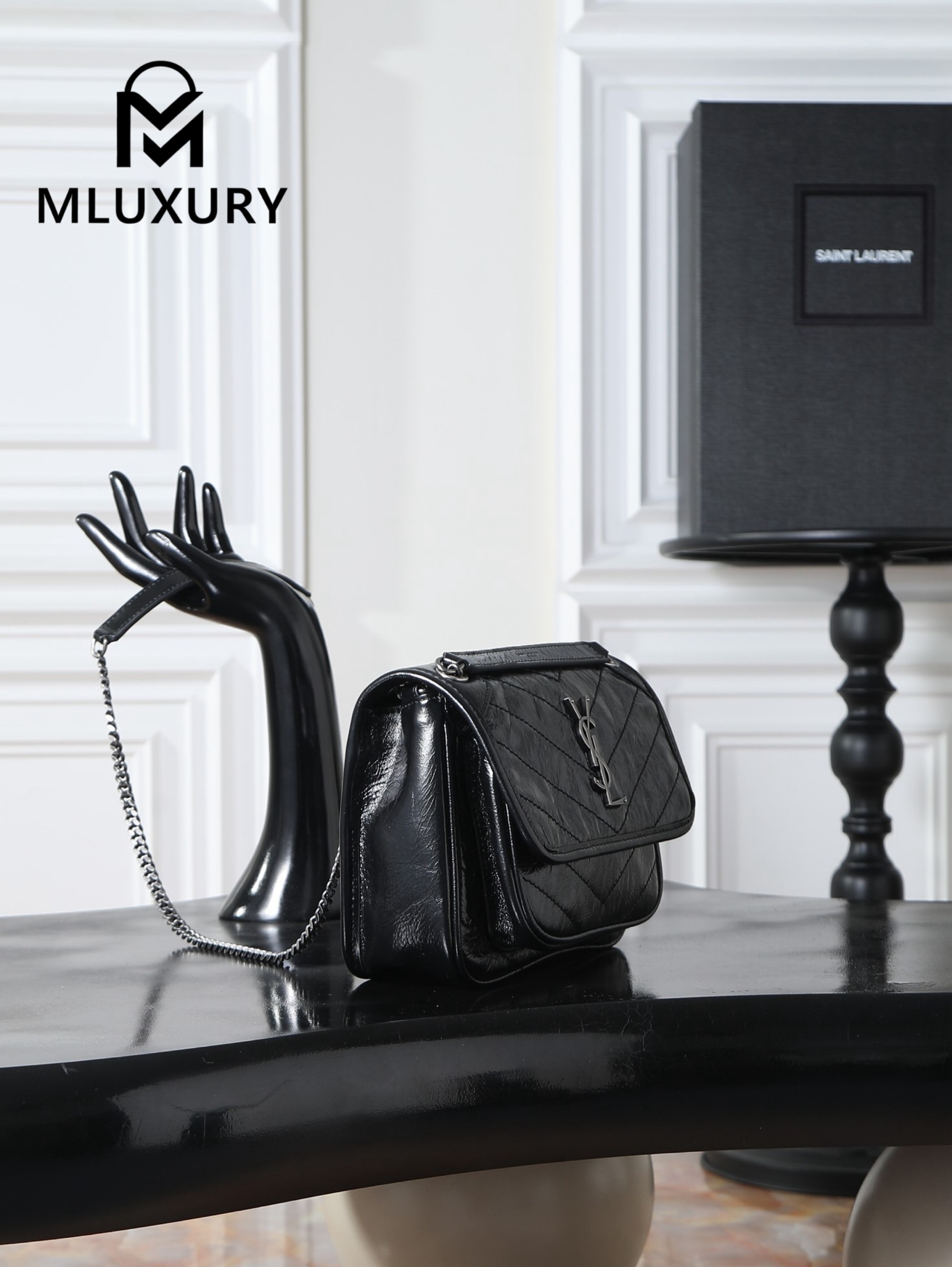 YSL Niki Black with Silver Buckle, Waxed Leather, 22cm