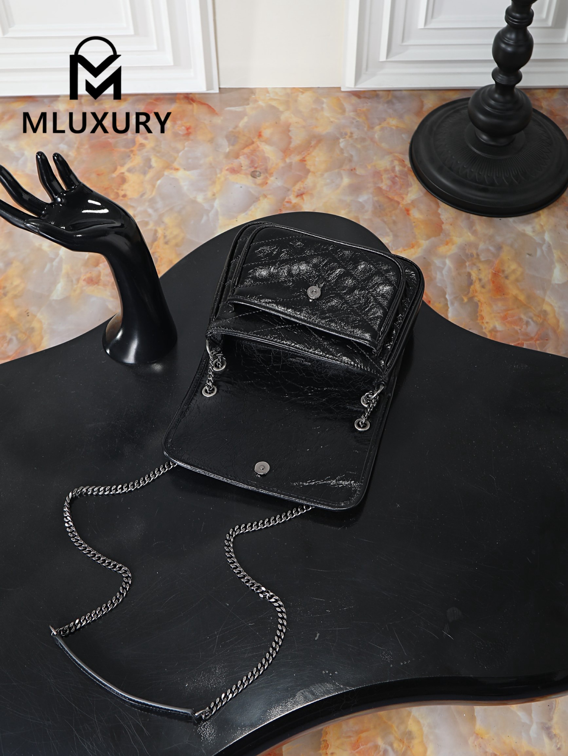 YSL Niki Black with Silver Buckle, Waxed Leather, 22cm