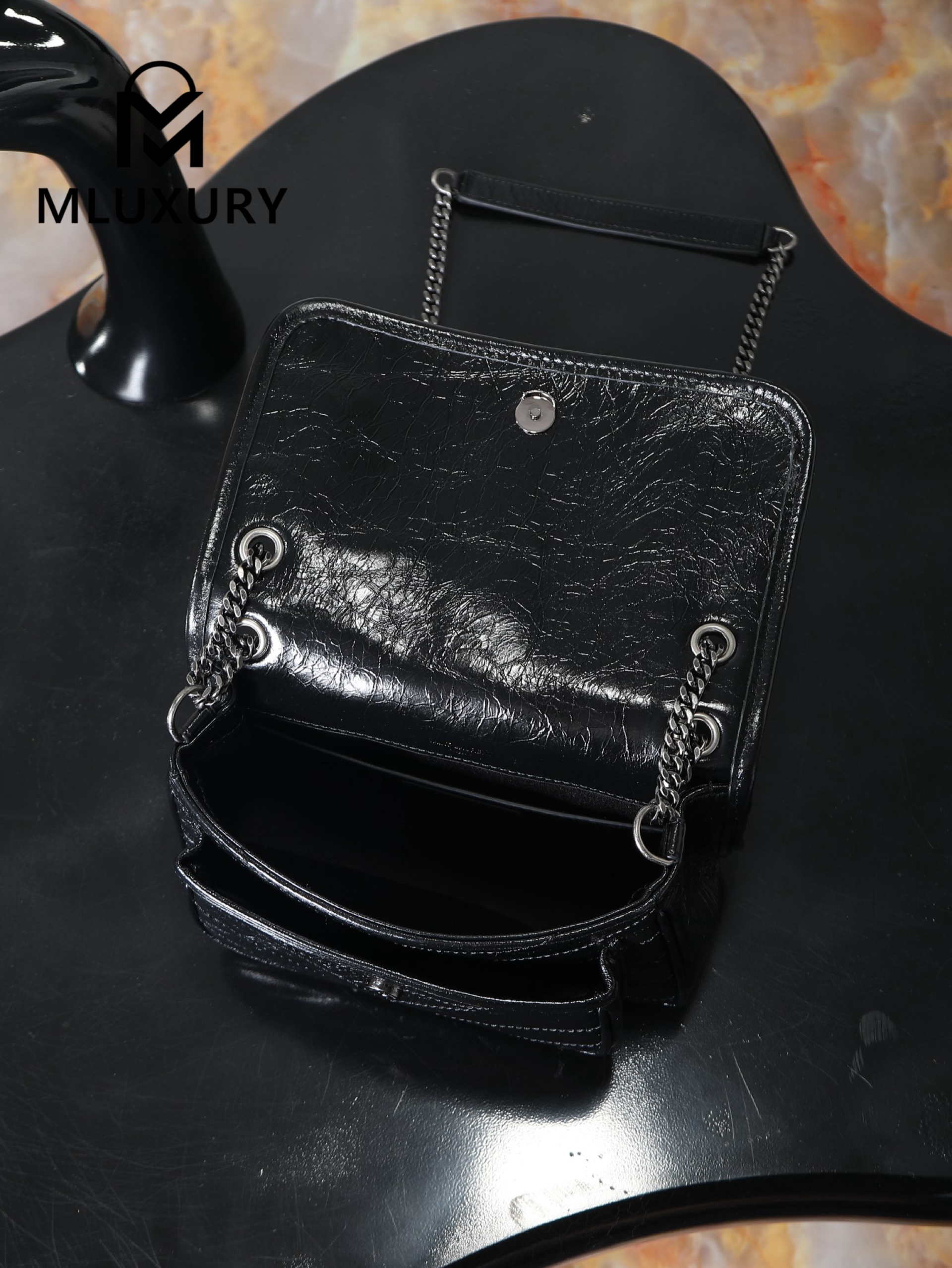 YSL Niki Black with Silver Buckle, Waxed Leather, 22cm