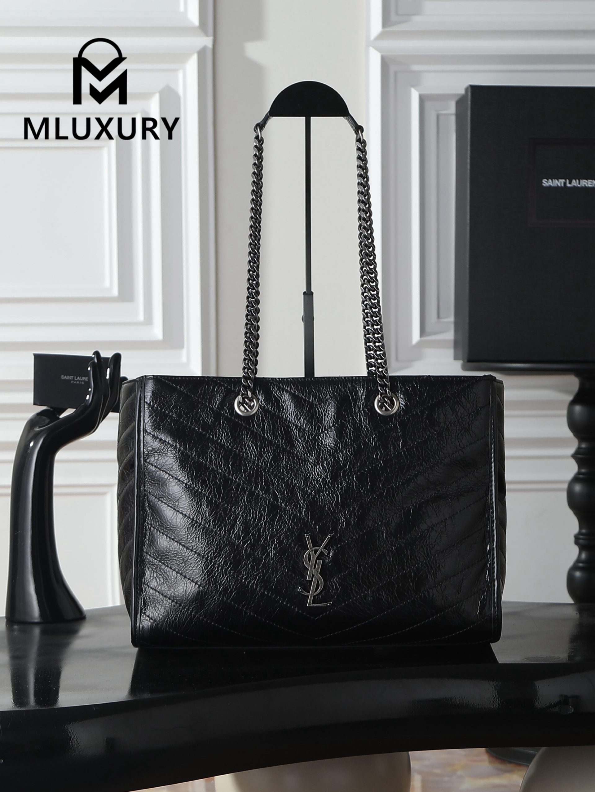 YSL Niki Small Shopping Bag, Black & Silver