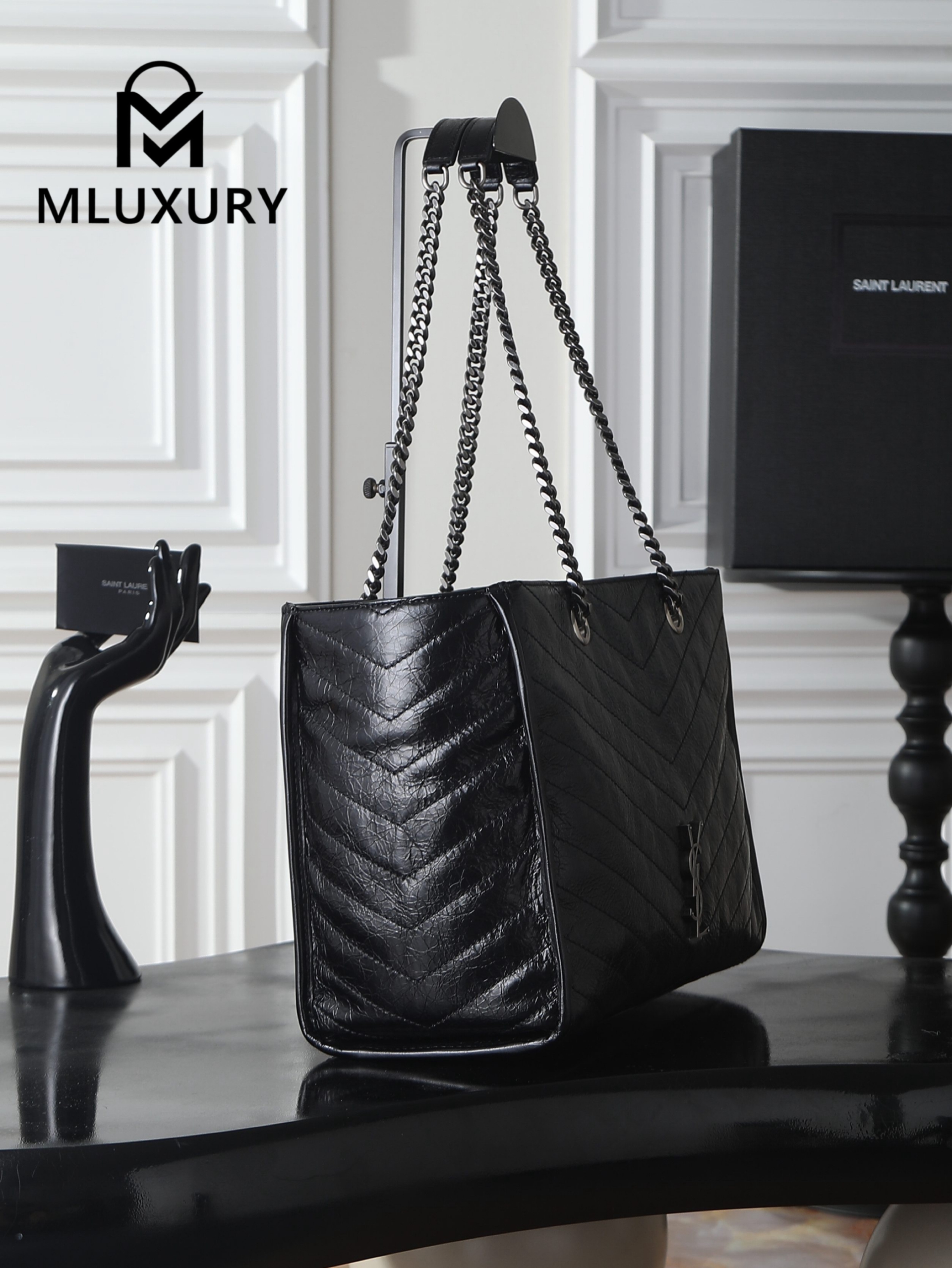 YSL Niki Small Shopping Bag, Black & Silver