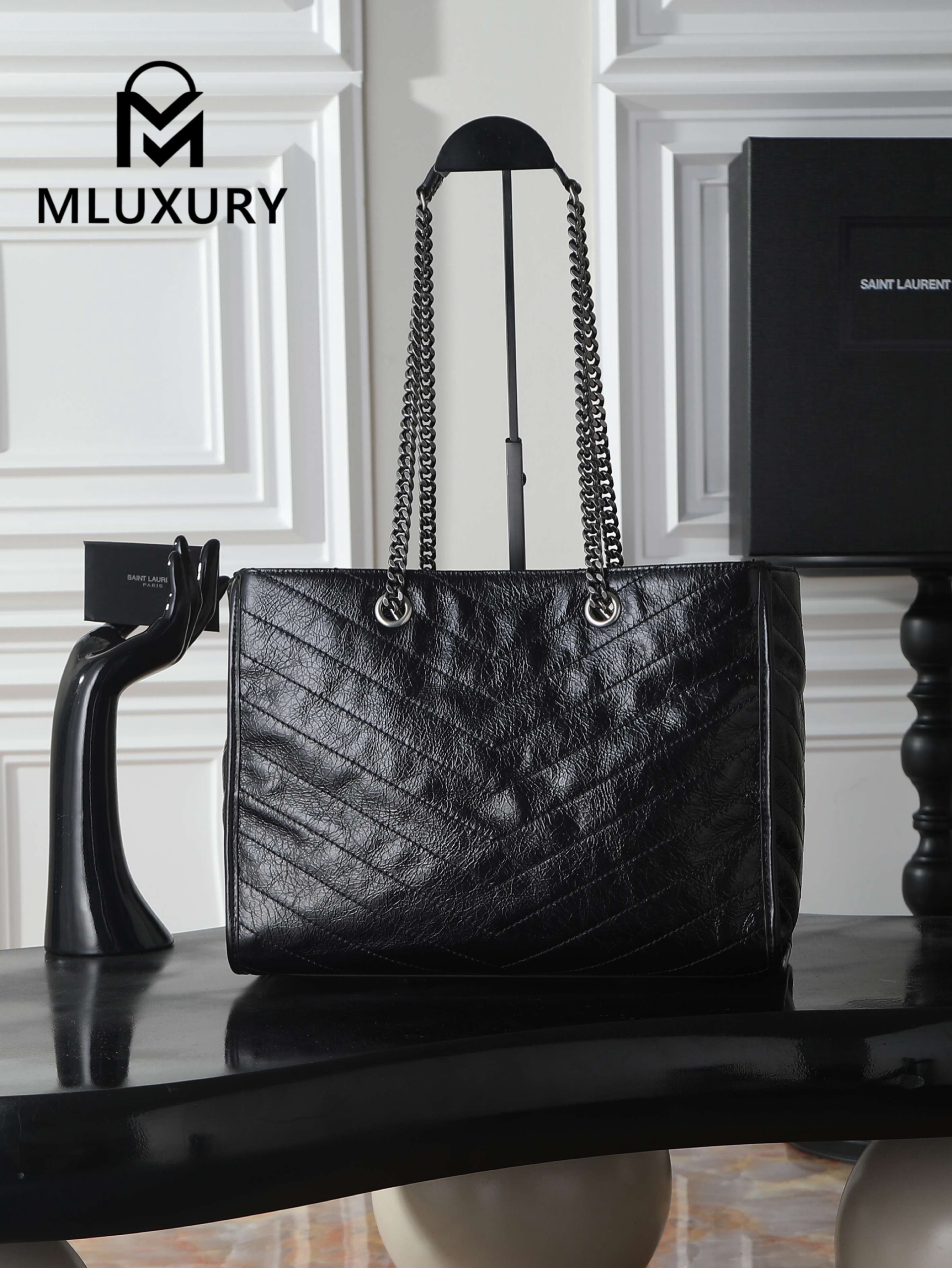 YSL Niki Small Shopping Bag, Black & Silver
