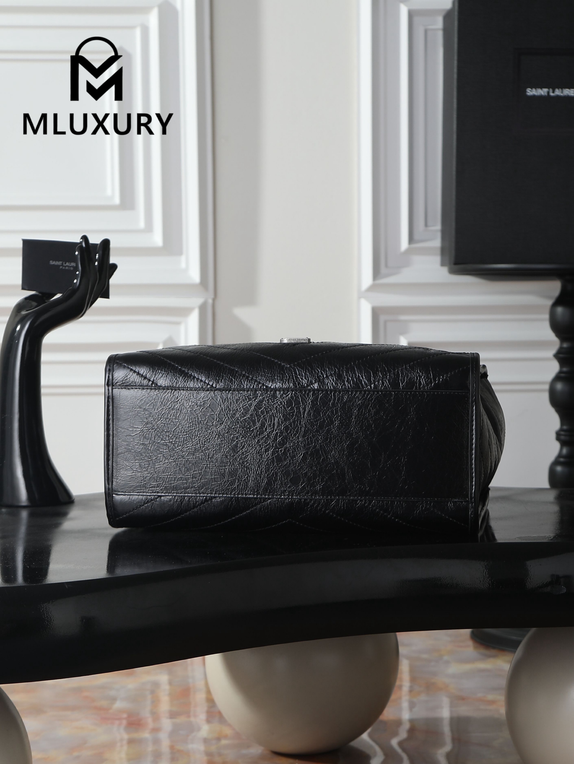 YSL Niki Small Shopping Bag, Black & Silver