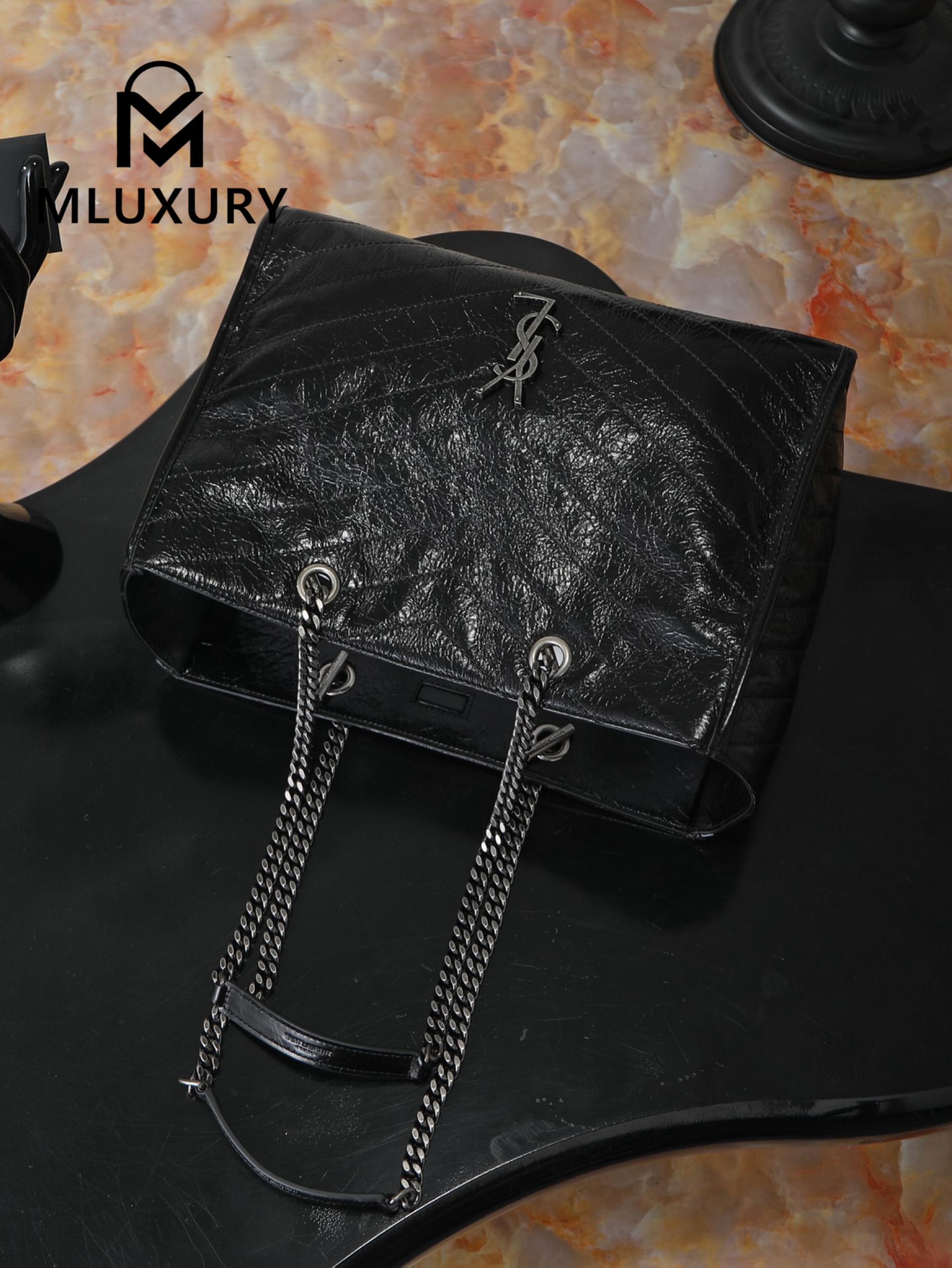 YSL Niki Small Shopping Bag, Black & Silver