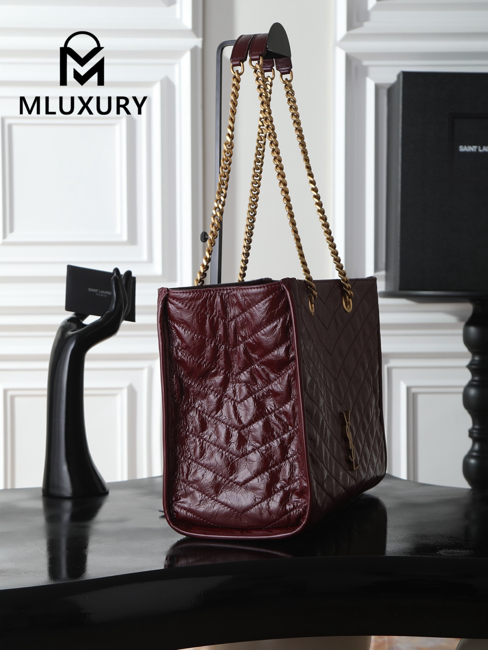 YSL Niki Small Shopping Bag, Large Size, Red&Gold