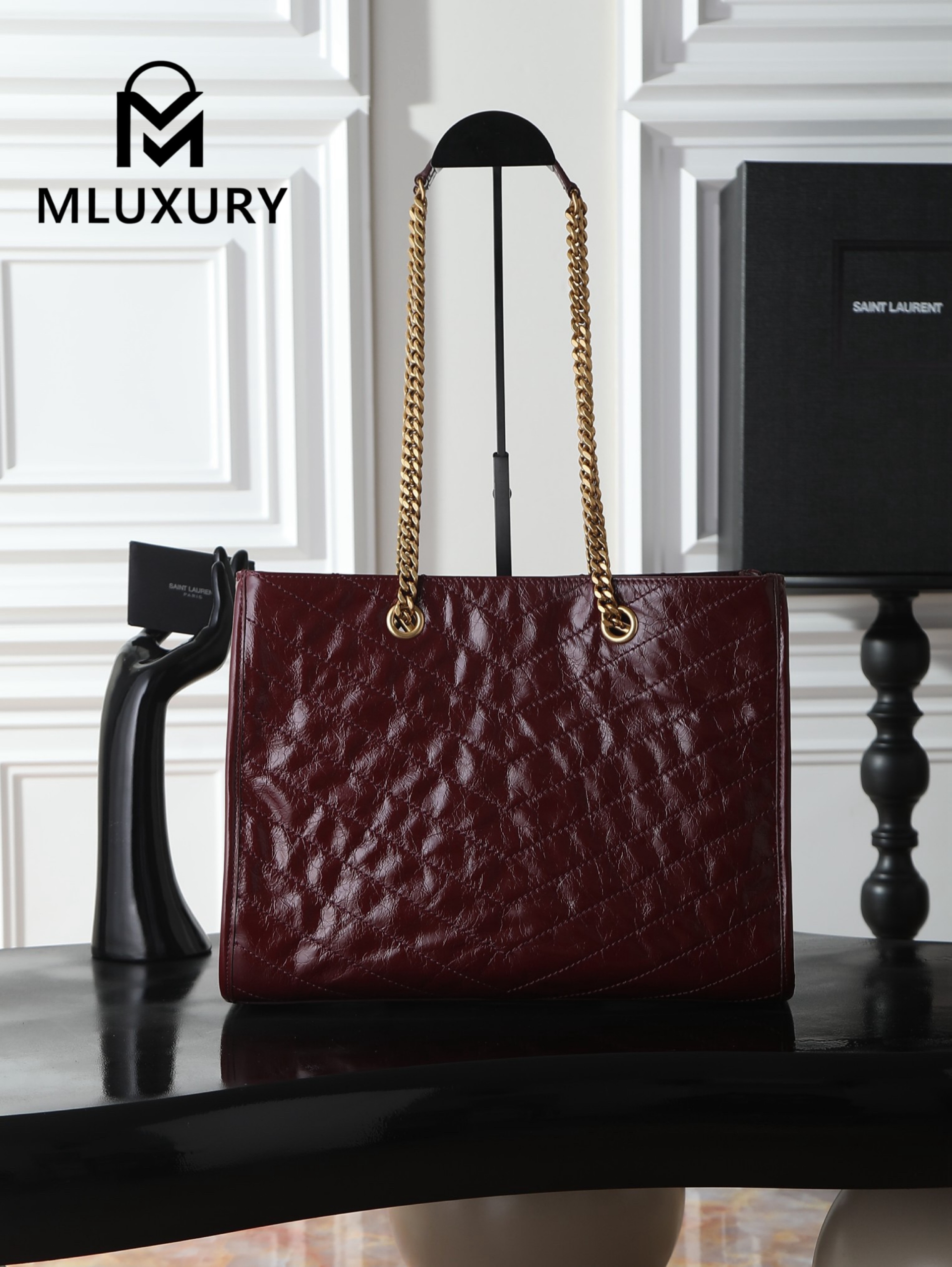 YSL Niki Small Shopping Bag, Large Size, Red&Gold