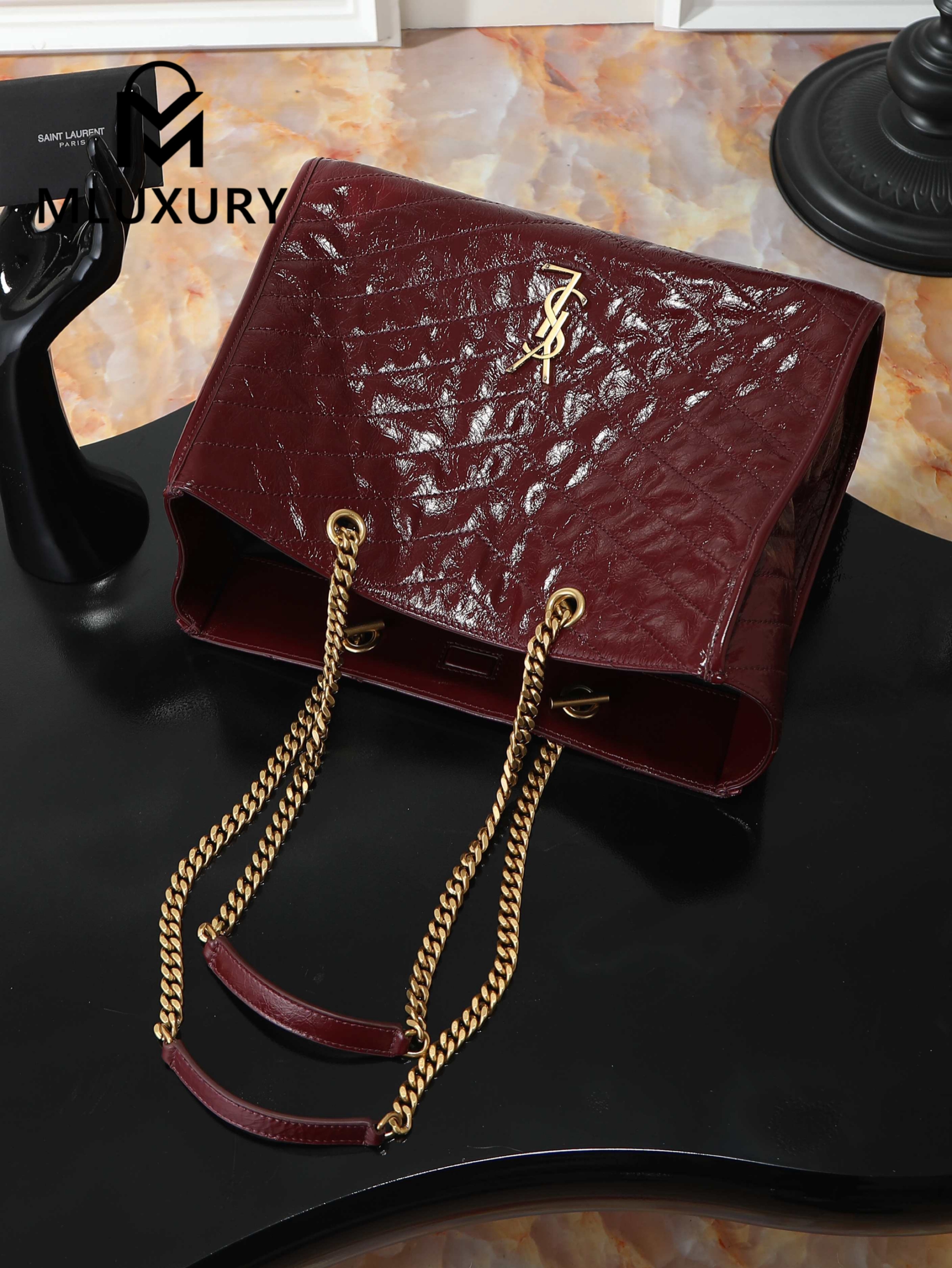 YSL Niki Small Shopping Bag, Large Size, Red&Gold