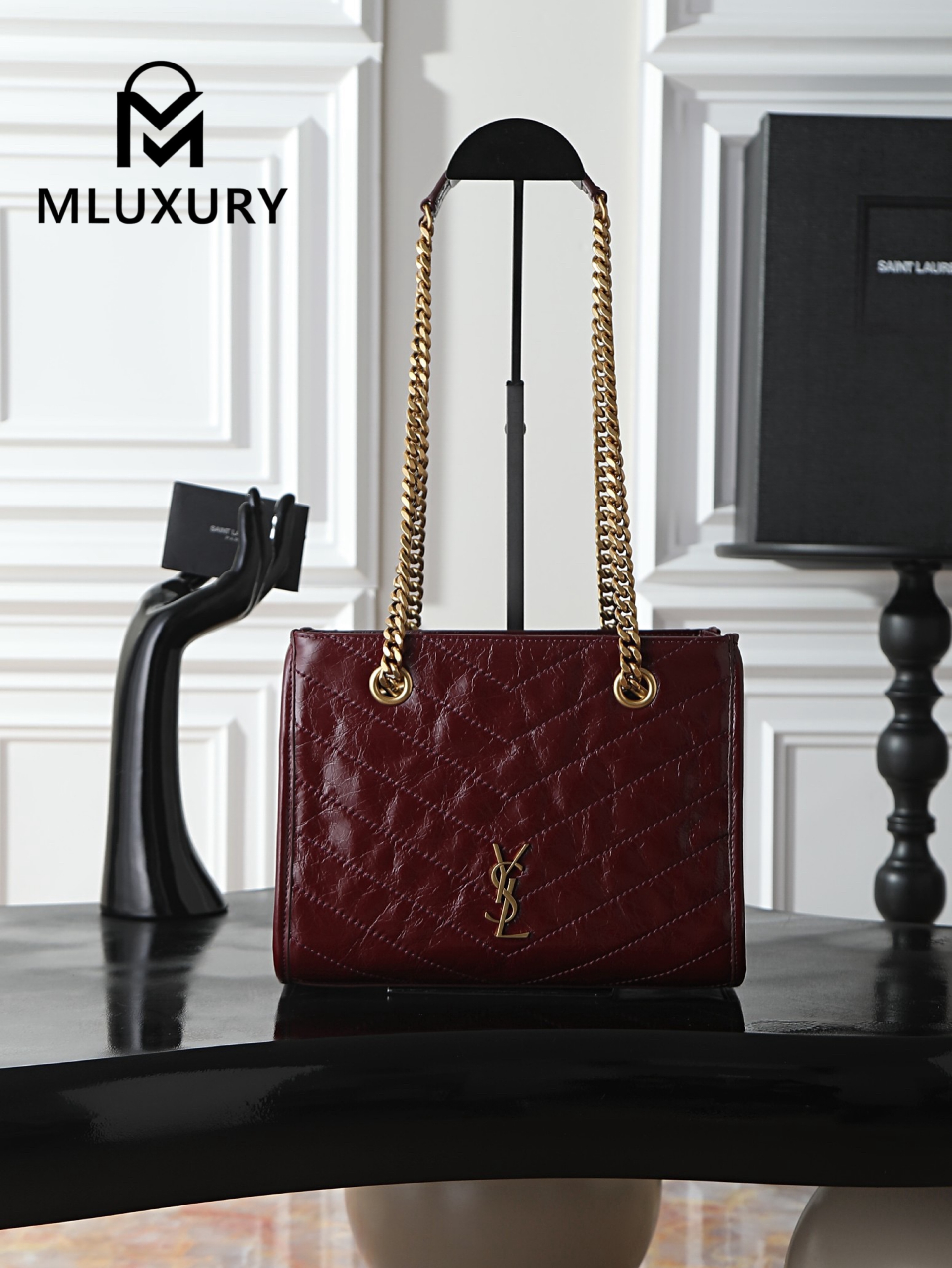 YSL Niki Small Shopping Bag, Small Size, Red&Gold