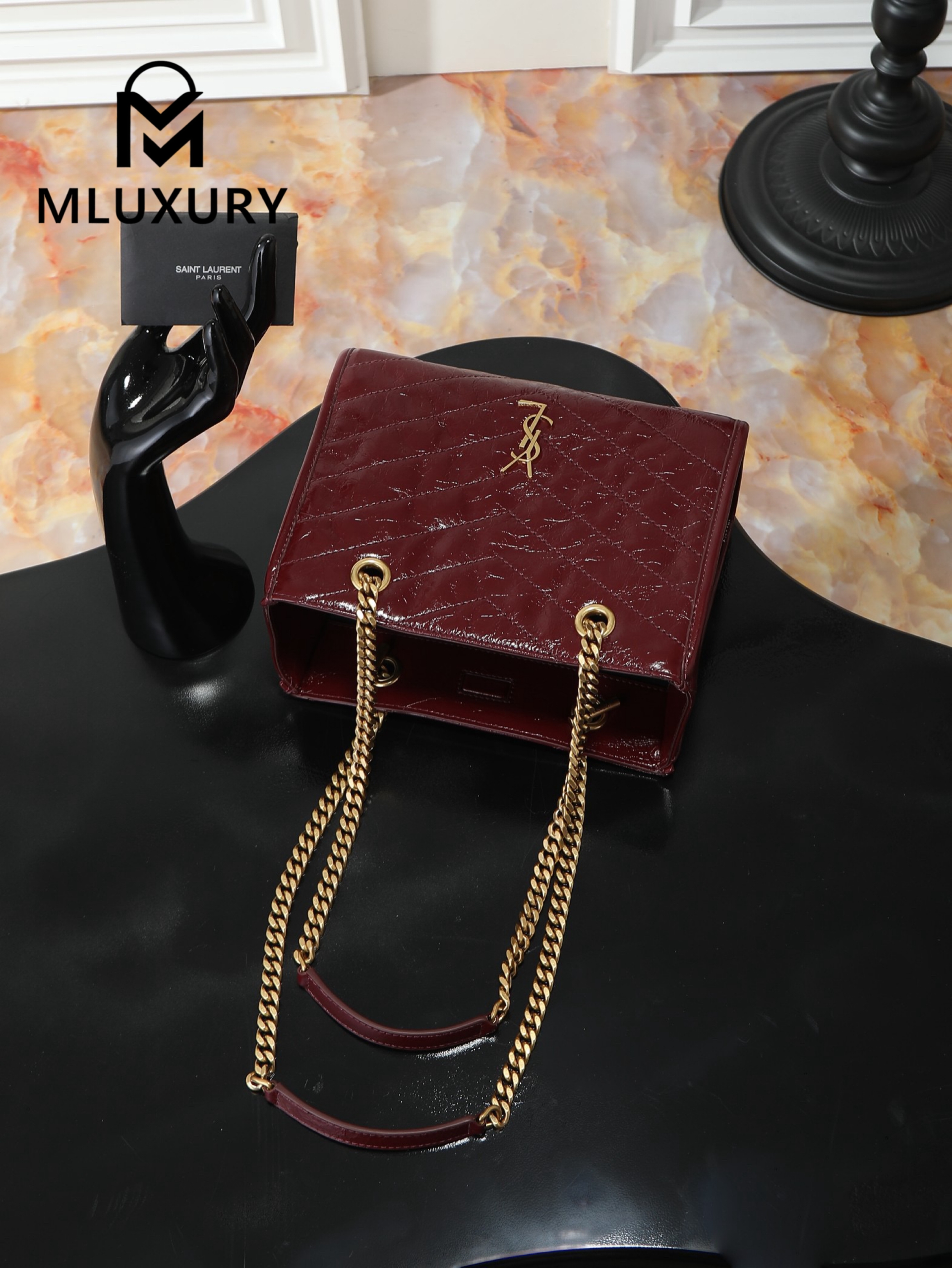 YSL Niki Small Shopping Bag, Small Size, Red&Gold