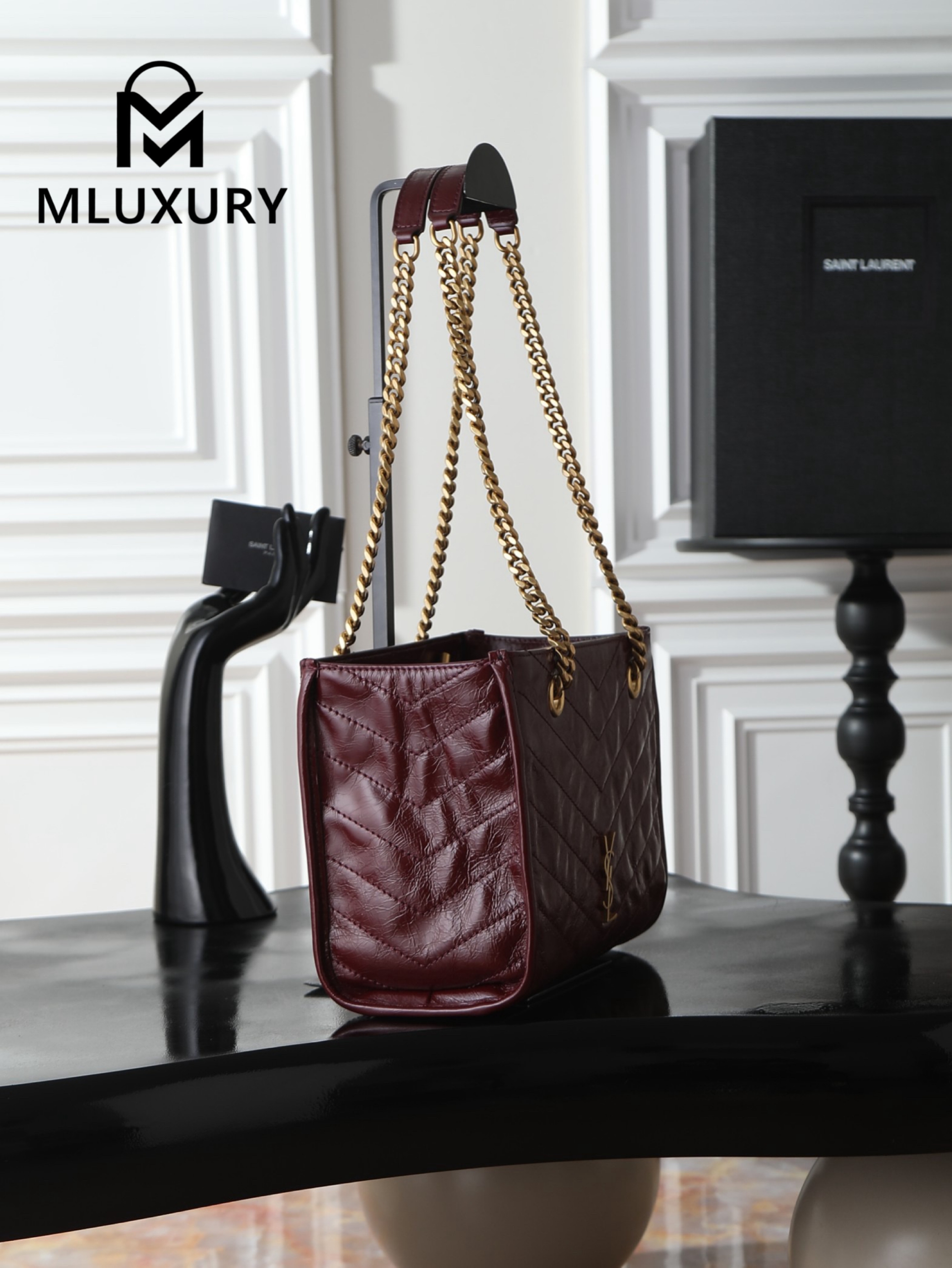 YSL Niki Small Shopping Bag, Small Size, Red&Gold