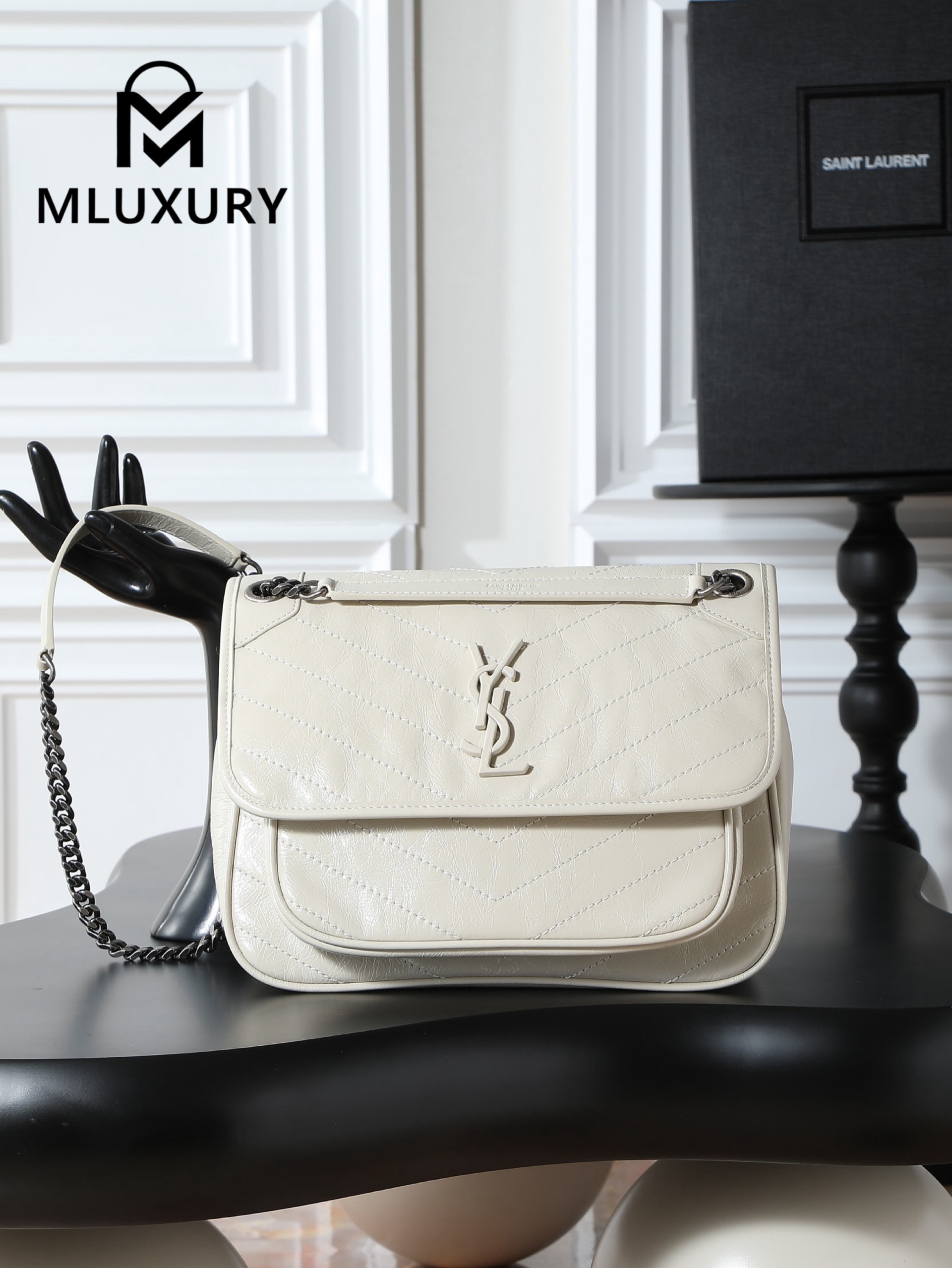 YSL Niki Off-White Oiled Wax Leather · 28cm