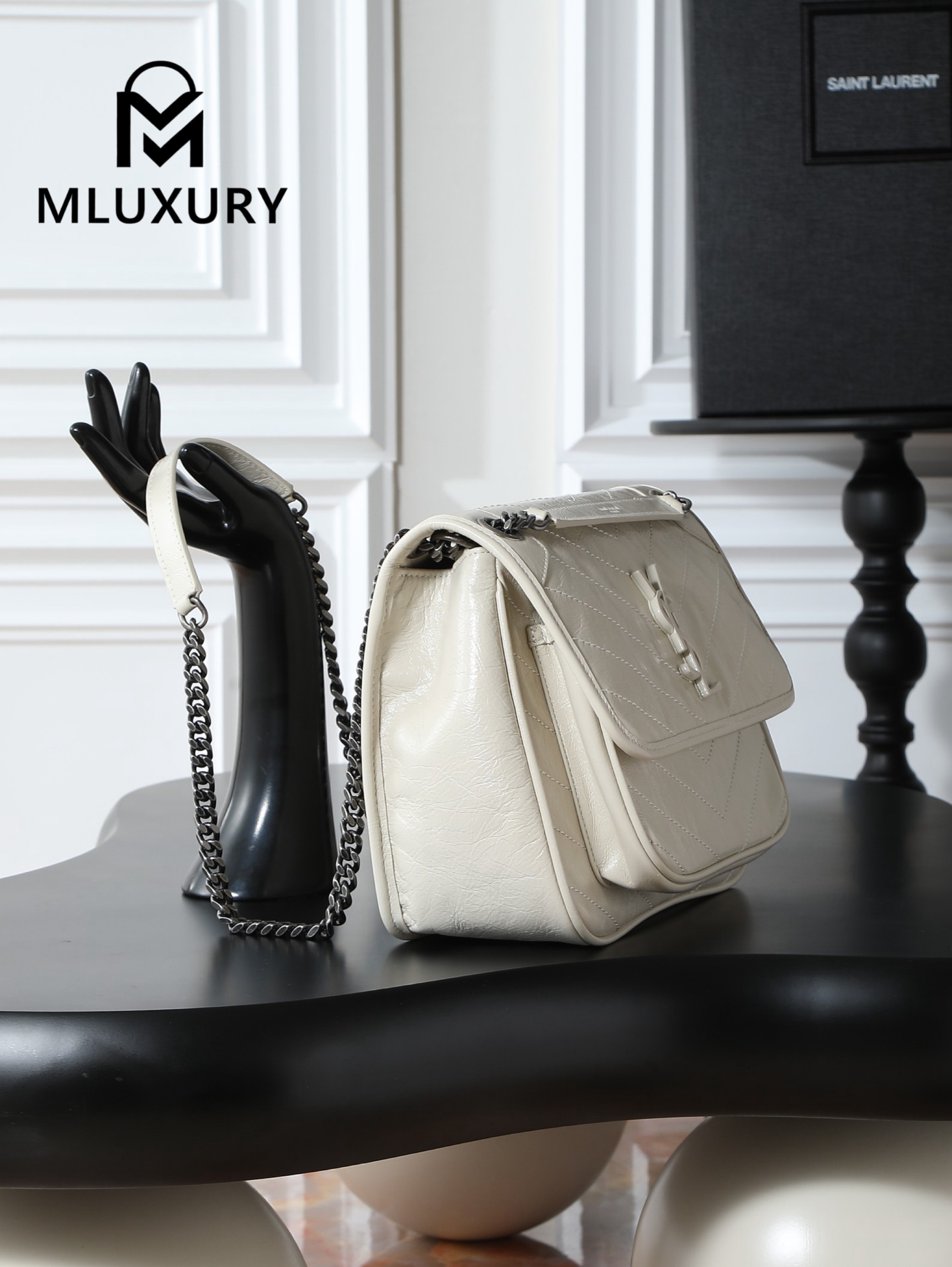 YSL Niki Off-White Oiled Wax Leather · 28cm