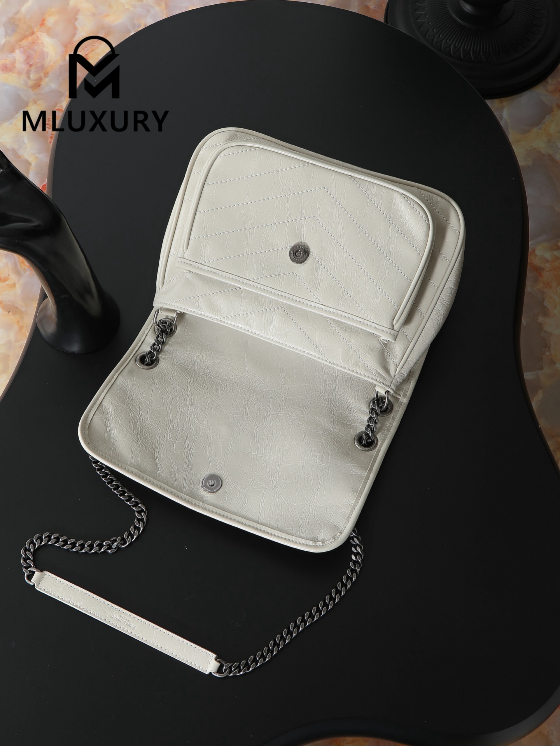 YSL Niki Off-White Oiled Wax Leather · 28cm