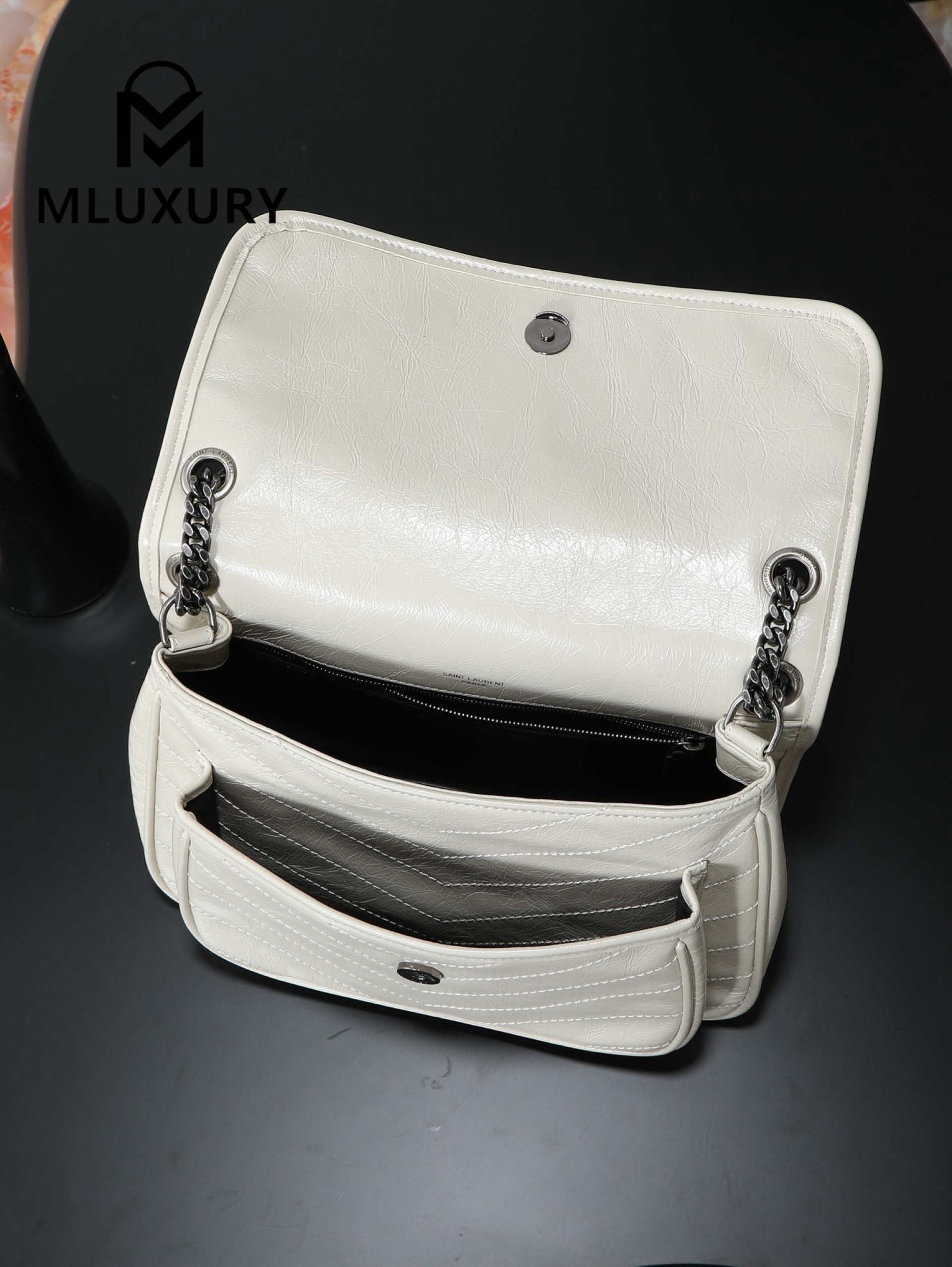 YSL Niki Off-White Oiled Wax Leather · 28cm
