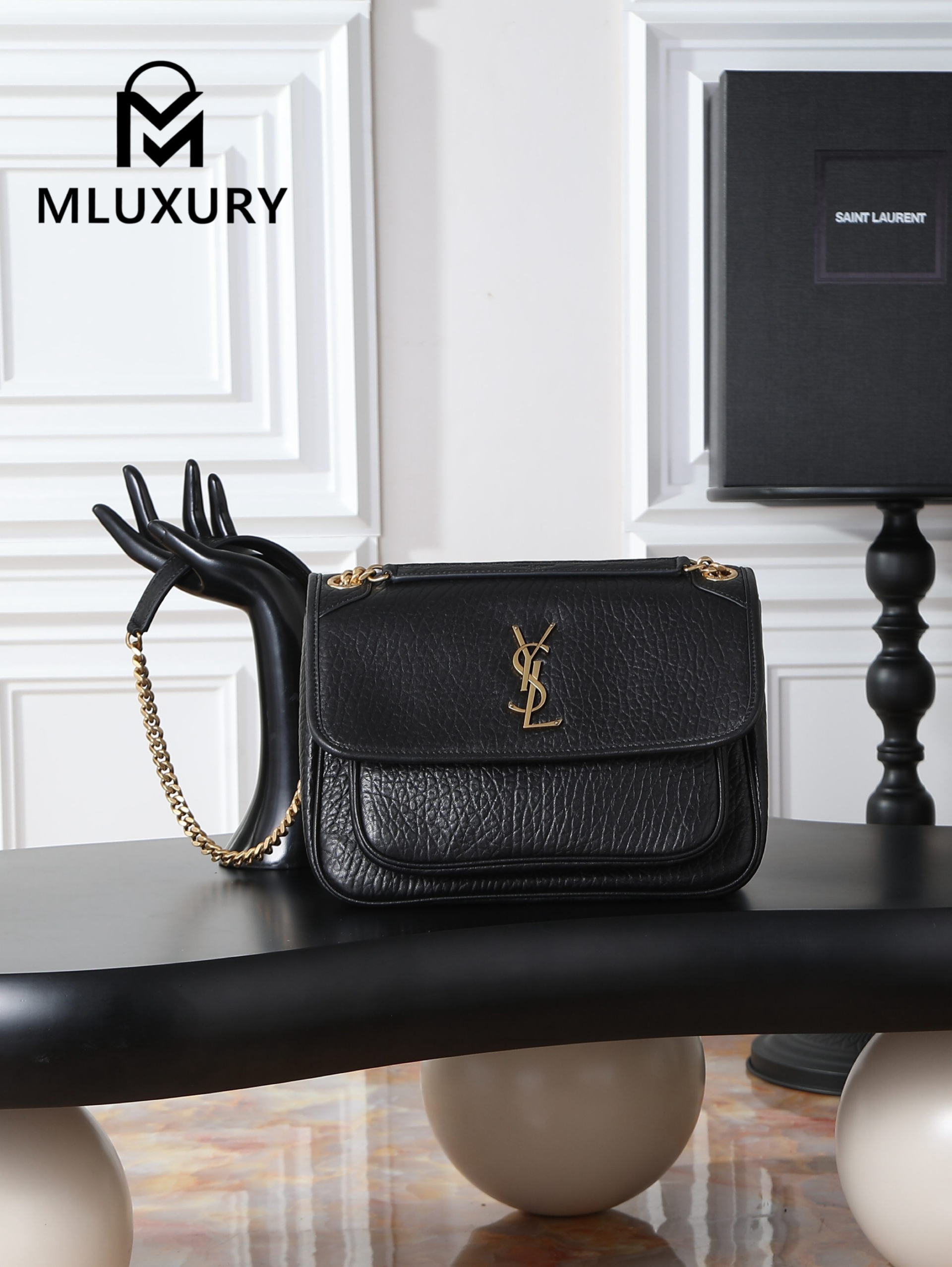 YSL Black Elephant Print with Gold Hardware, 28cm