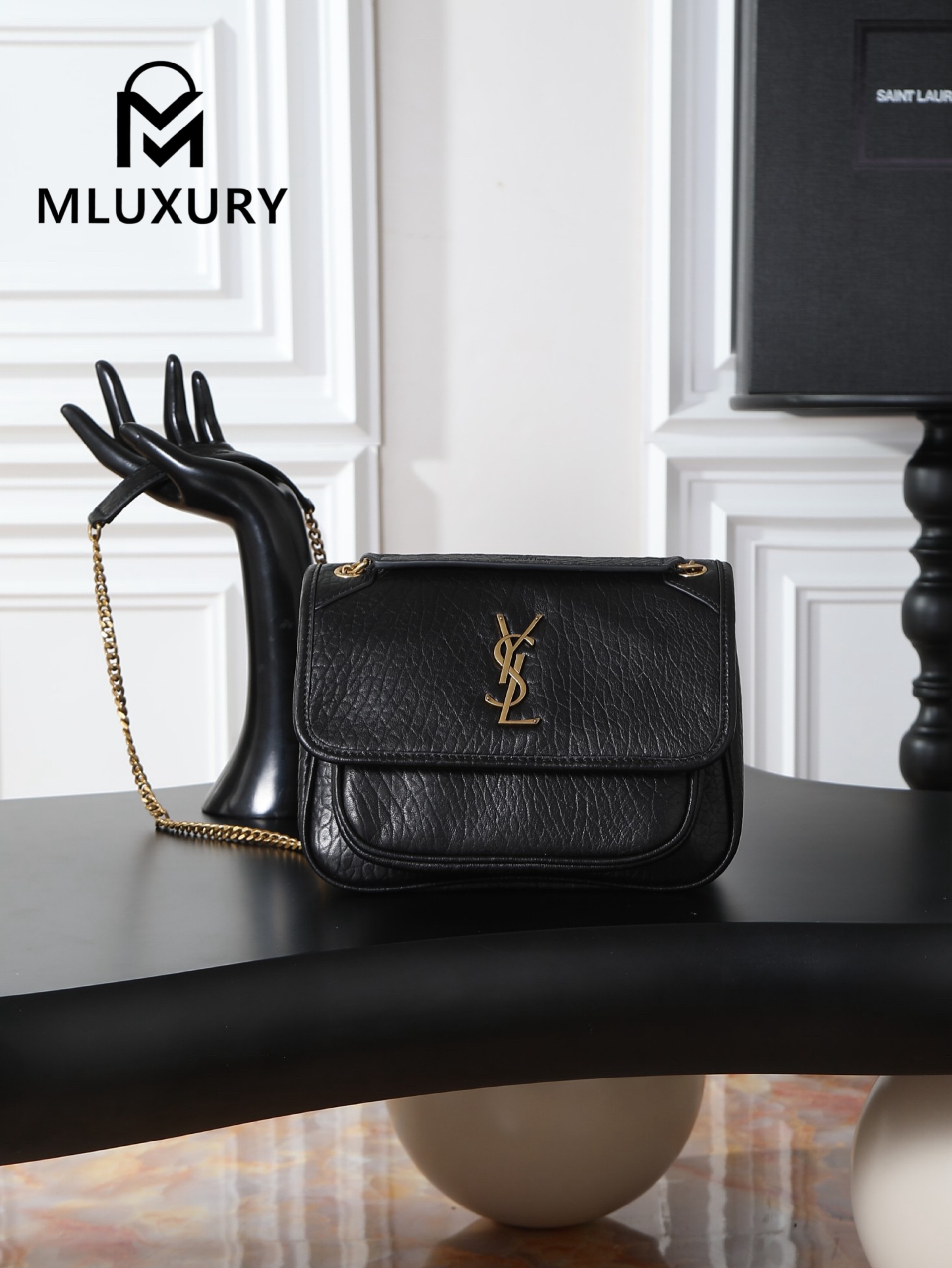 YSL Black Elephant Print with Gold Hardware, 22cm