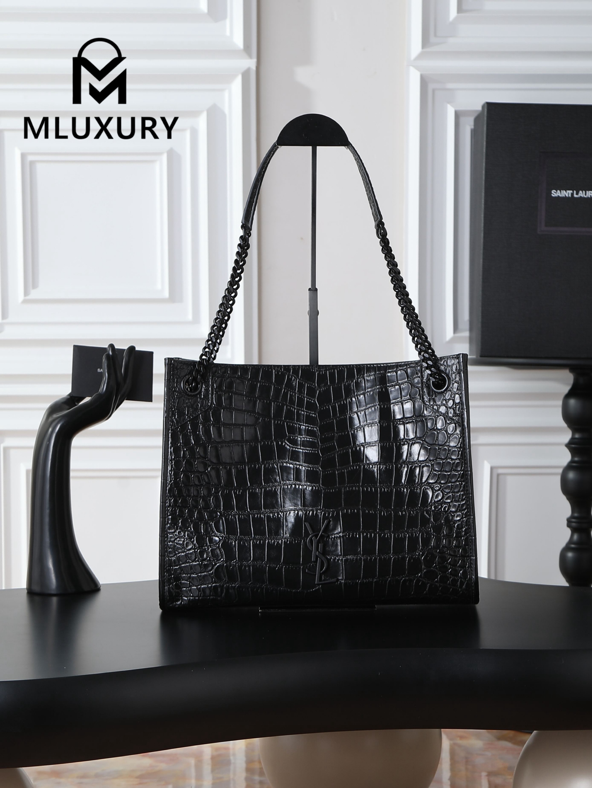 YSL Niki Shopping Bag, Black with Black Buckle and Crocodile Pattern