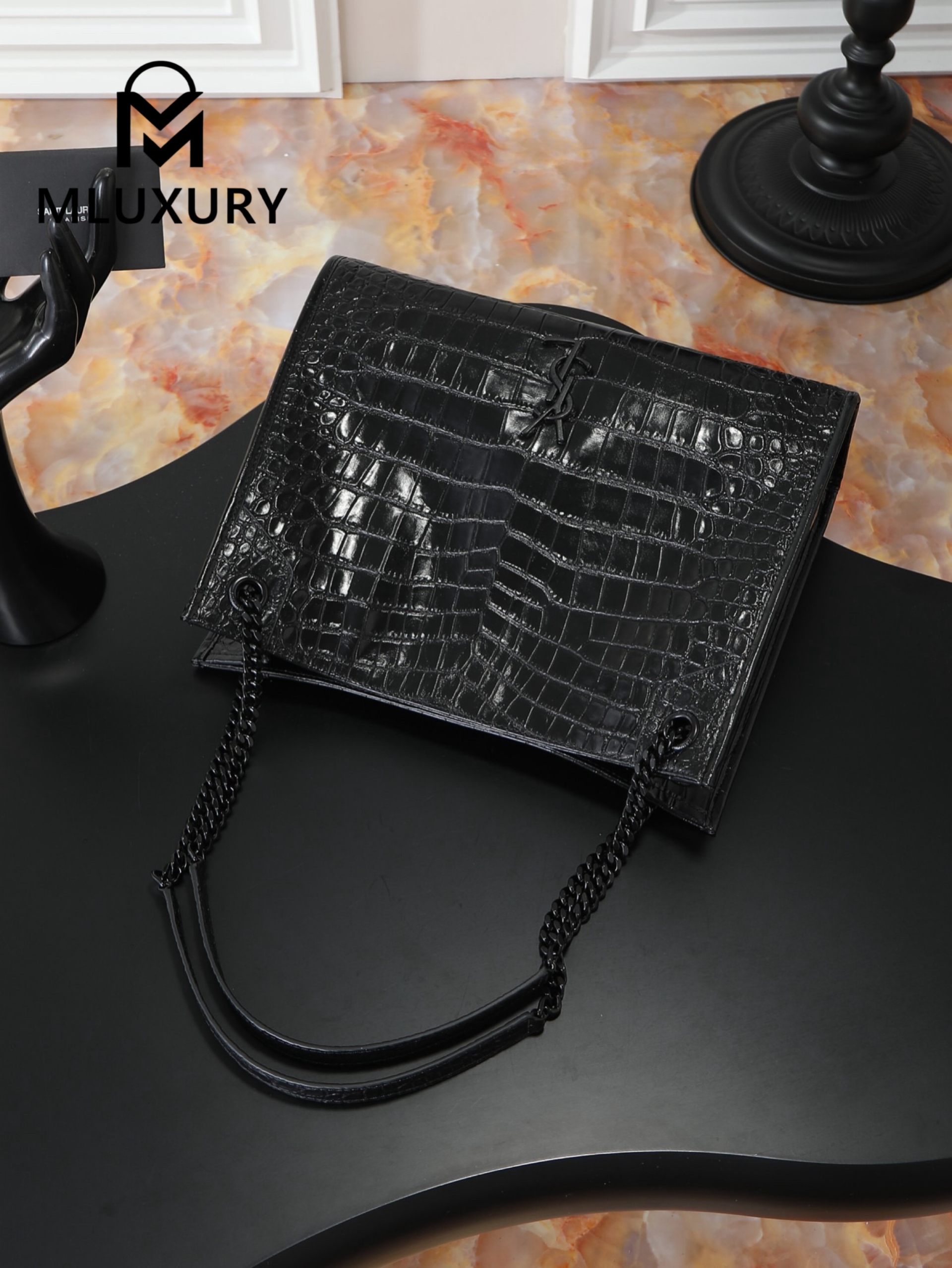 YSL Niki Shopping Bag, Black with Black Buckle and Crocodile Pattern