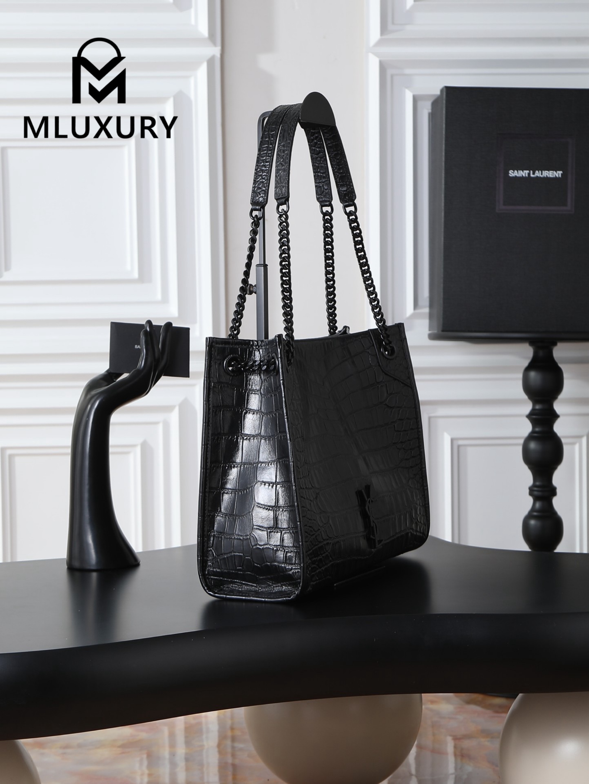 YSL Niki Shopping Bag, Black with Black Buckle and Crocodile Pattern
