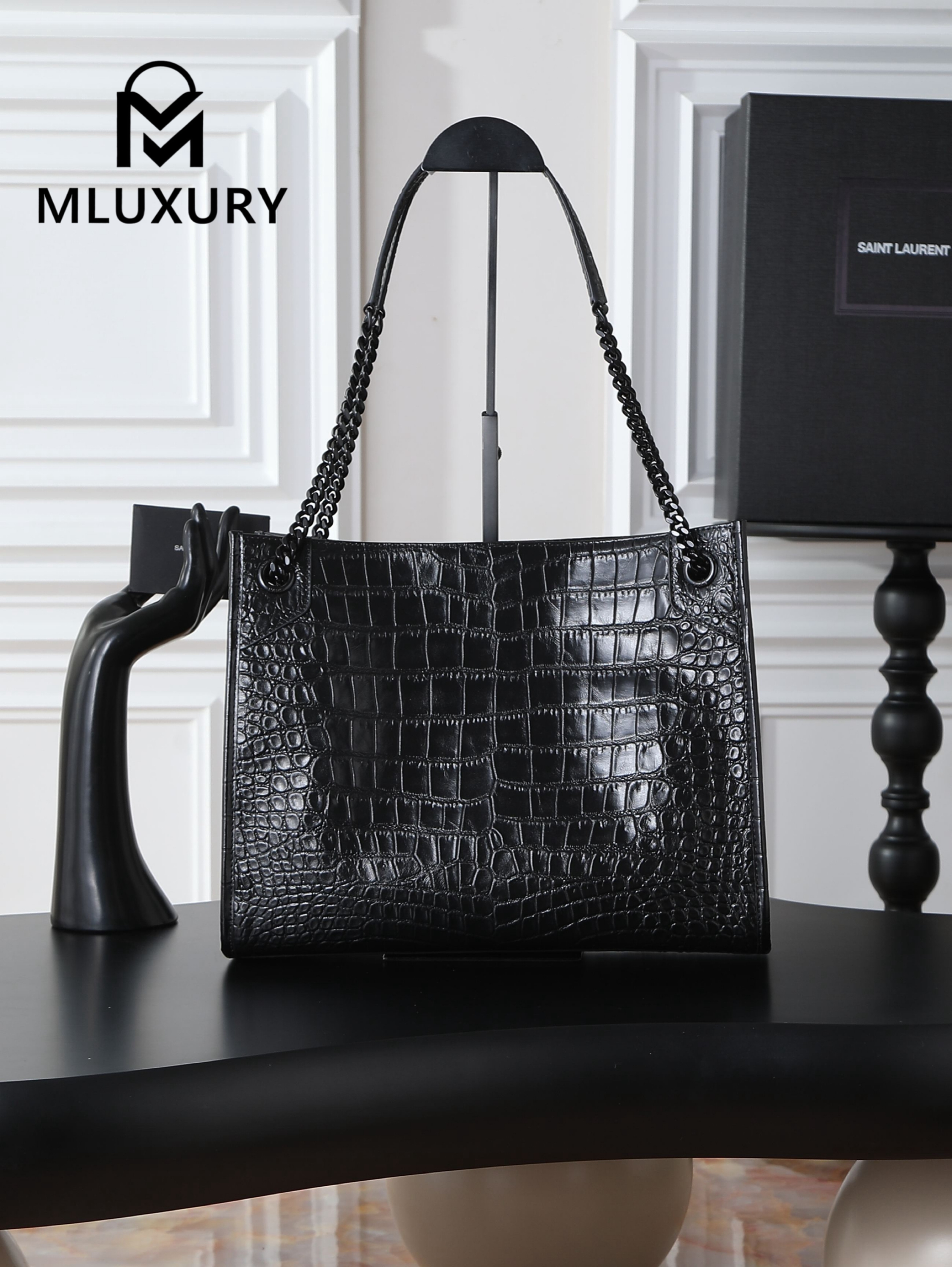 YSL Niki Shopping Bag, Black with Black Buckle and Crocodile Pattern
