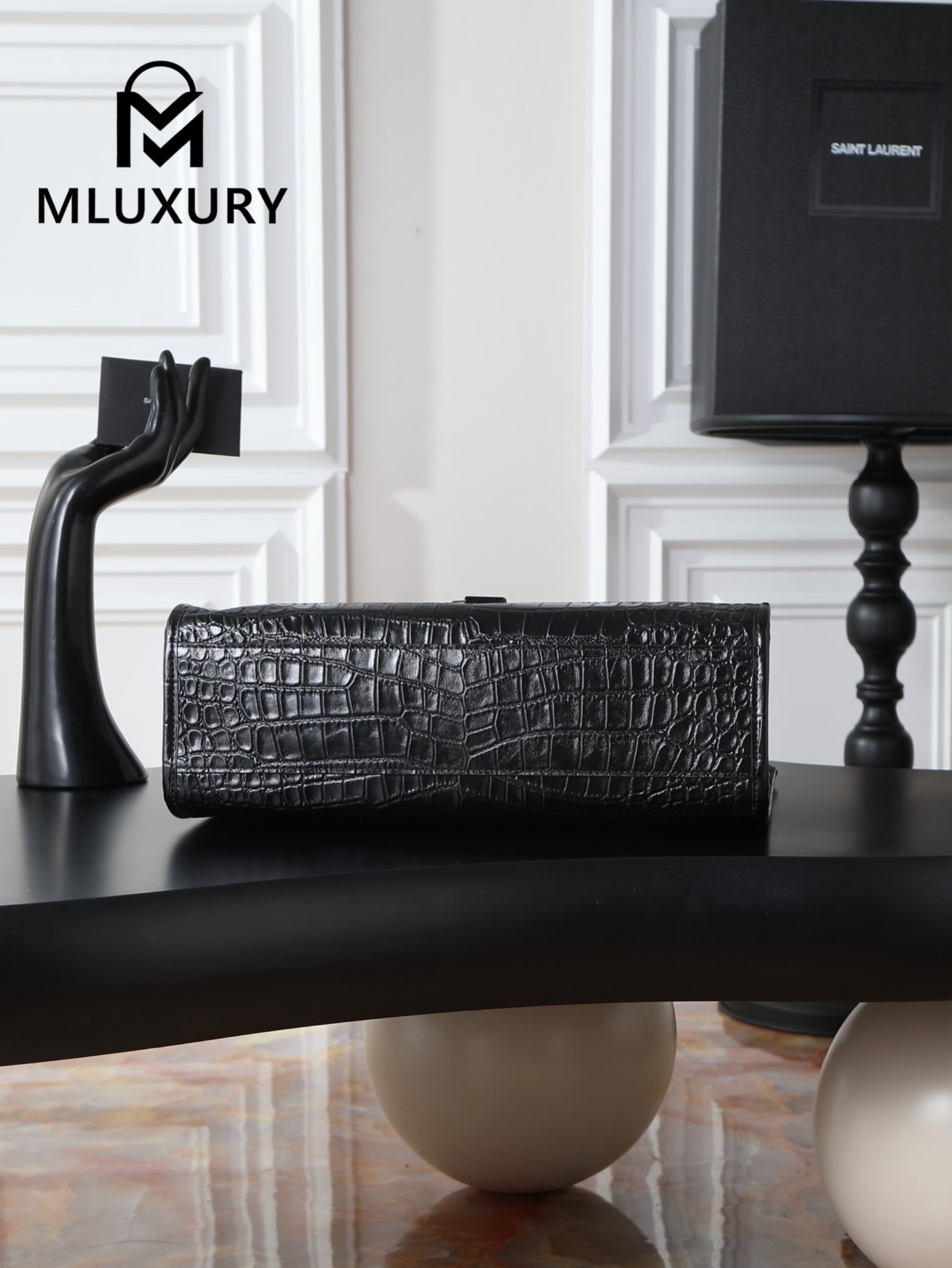 YSL Niki Shopping Bag, Black with Black Buckle and Crocodile Pattern