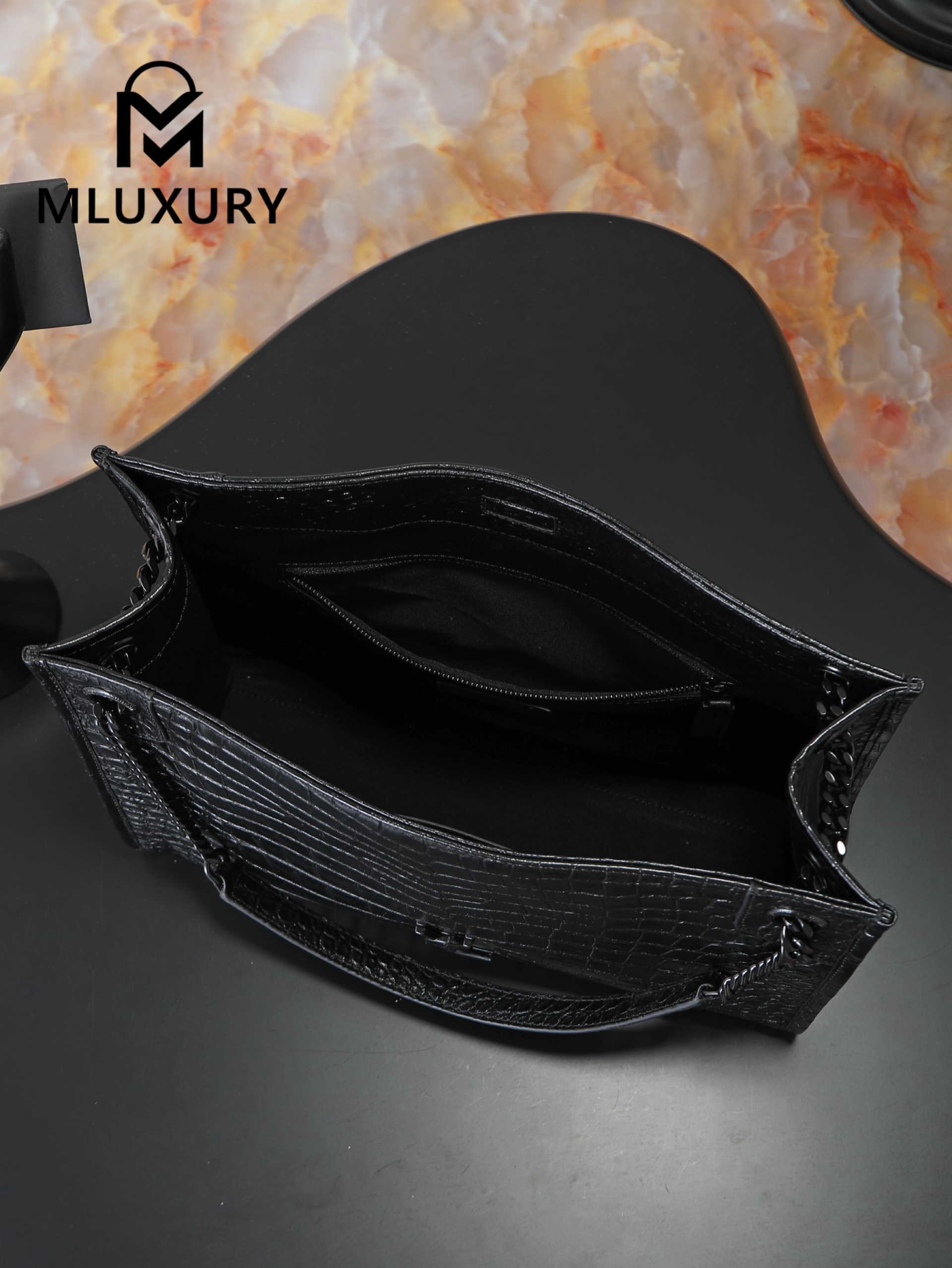 YSL Niki Shopping Bag, Black with Black Buckle and Crocodile Pattern