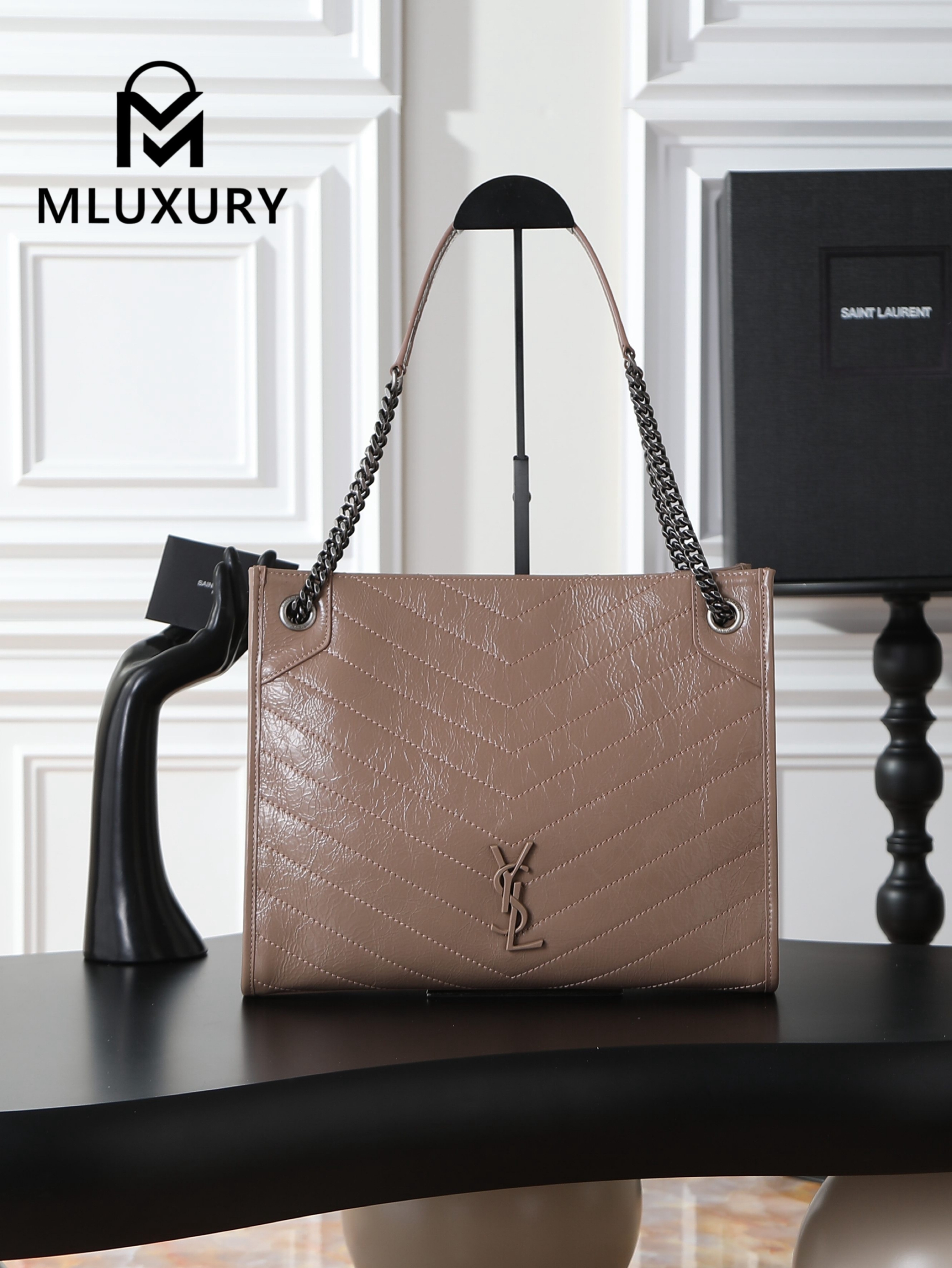 YSL Niki Shopping Bag, Apricot with Silver Hardware