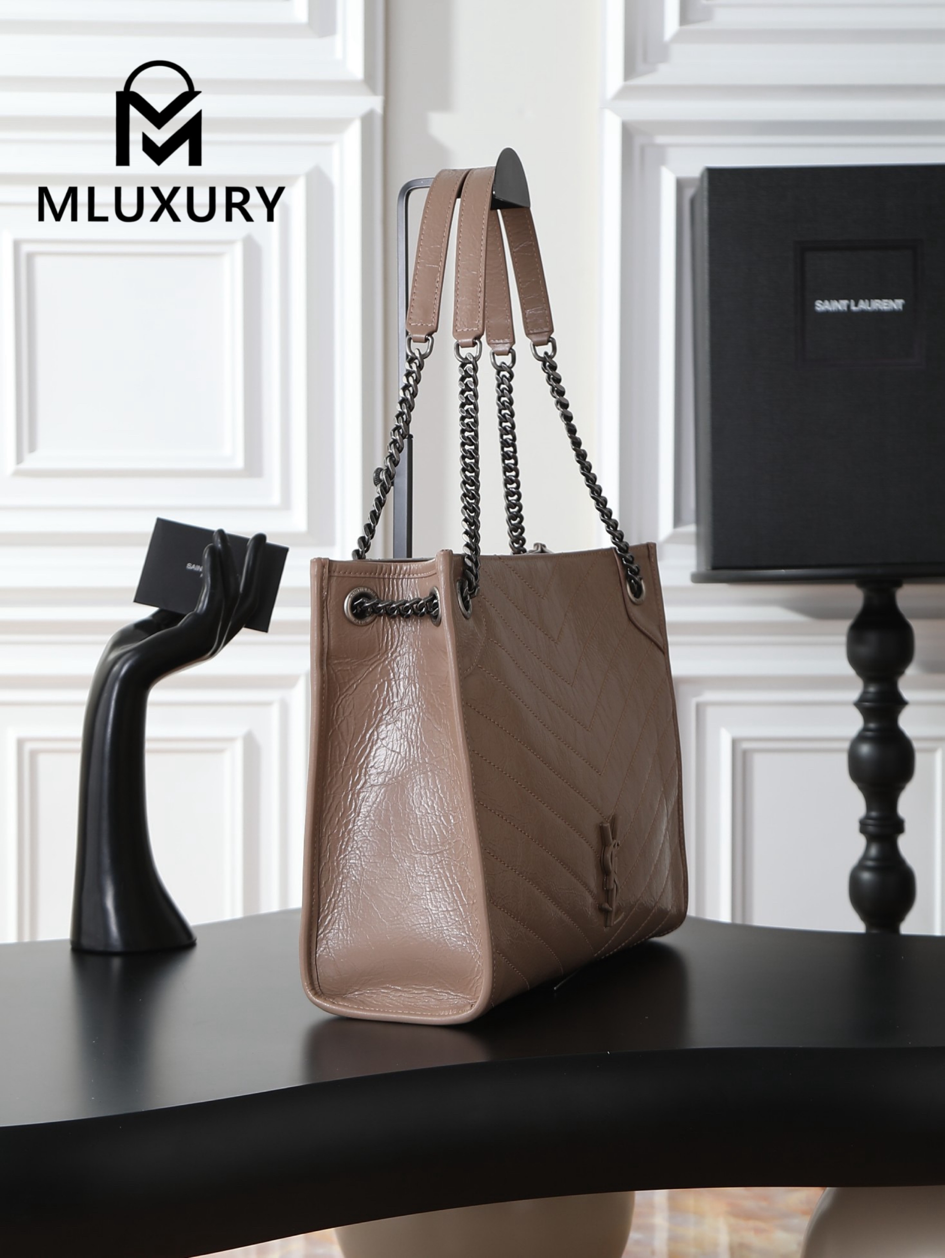 YSL Niki Shopping Bag, Apricot with Silver Hardware